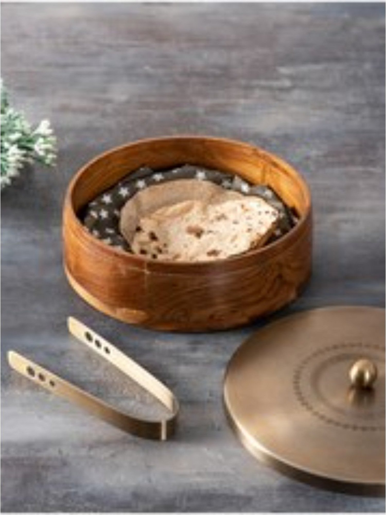 Nestroots Wooden Casserole Box Chapati Box Food Warmer Hotcases Hotpot Roti Box with Gold Lid & Tong