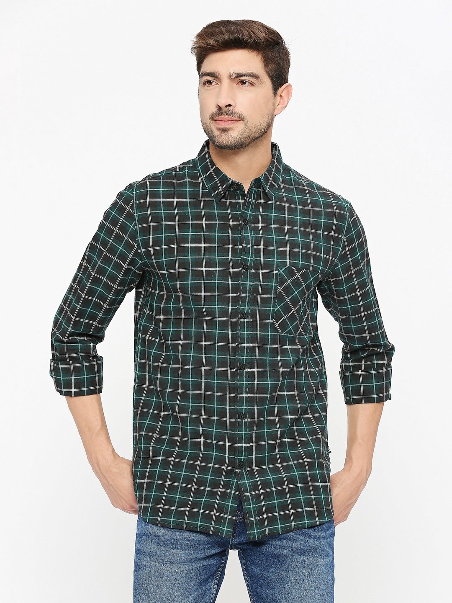 SOLEMIO Green Slim Fit Cotton Check Shirt