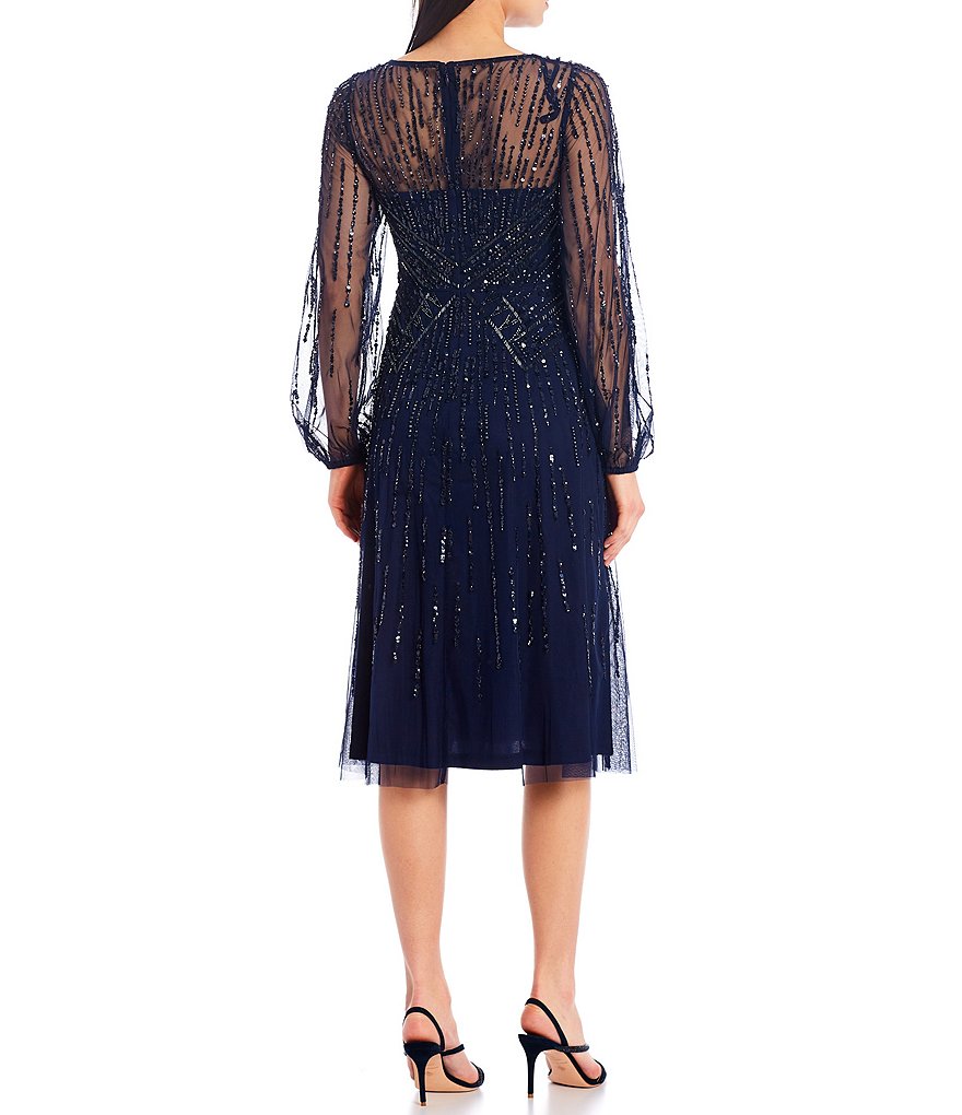 Adrianna Papell Beaded Balloon Long Sleeve Boat Neck A-Line Dress