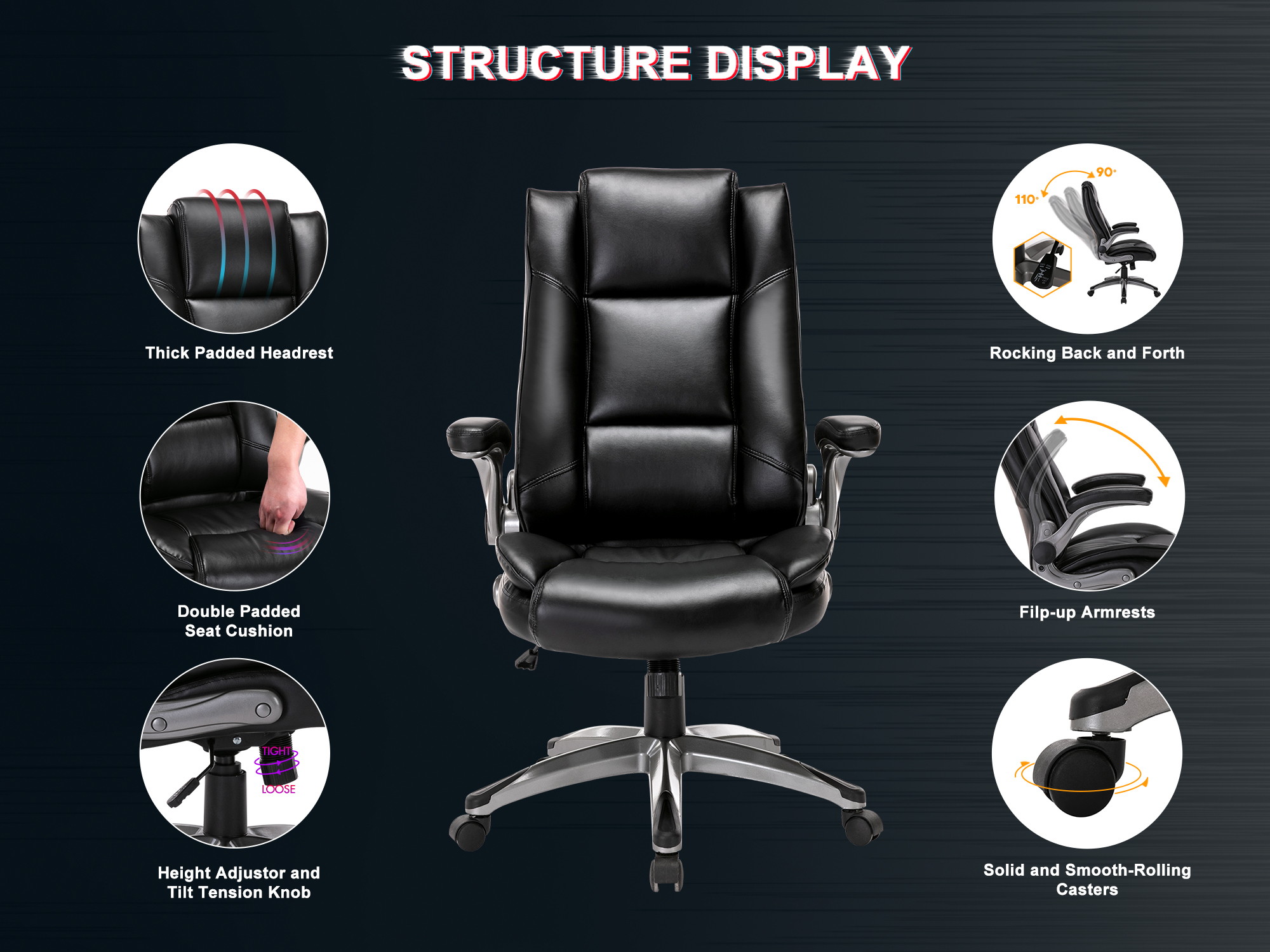 STARSPACEHigh Back Bonded Leather Ergonomic Office Chair Executive Swivel Computer Desk Chair Flip Up Arms and Adjustable Tilt Angle Swivel Chair with Thick Padded Armrest and Headrest for Home&Office