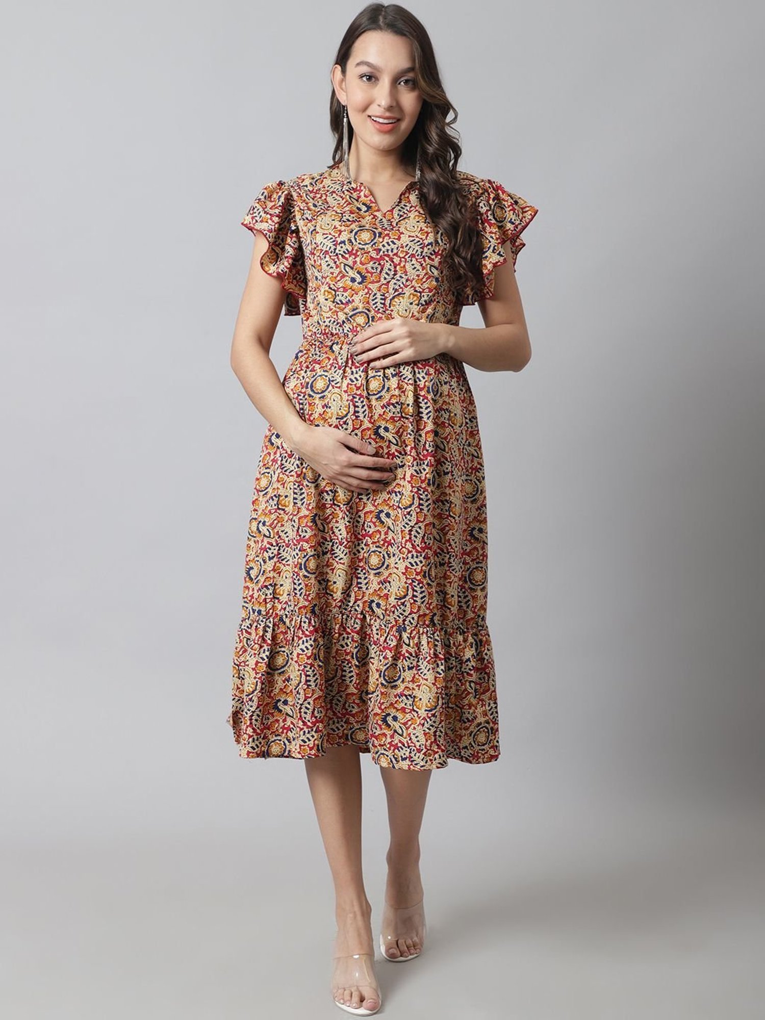 Moms Maternity Beige Printed Dress