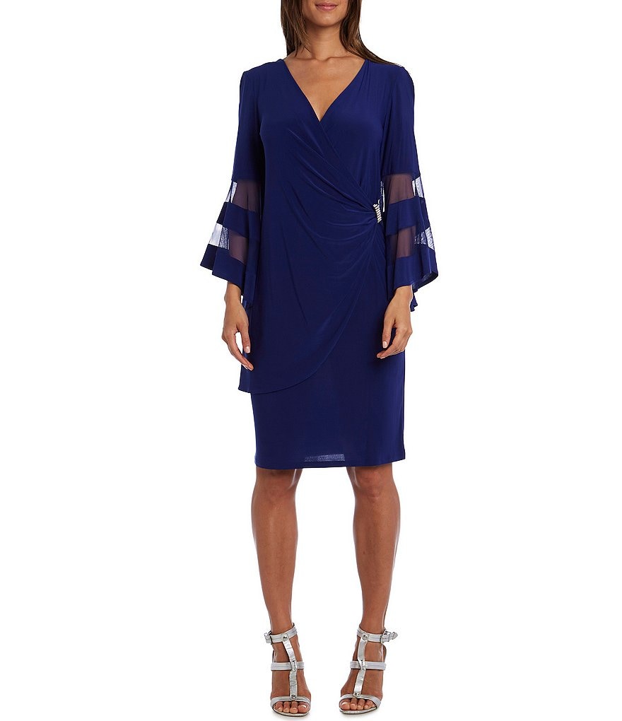 R & M Richards Petite Size Mesh Trim 3/4 Bell Sleeve V-Neck Jersey Faux Wrap Dress