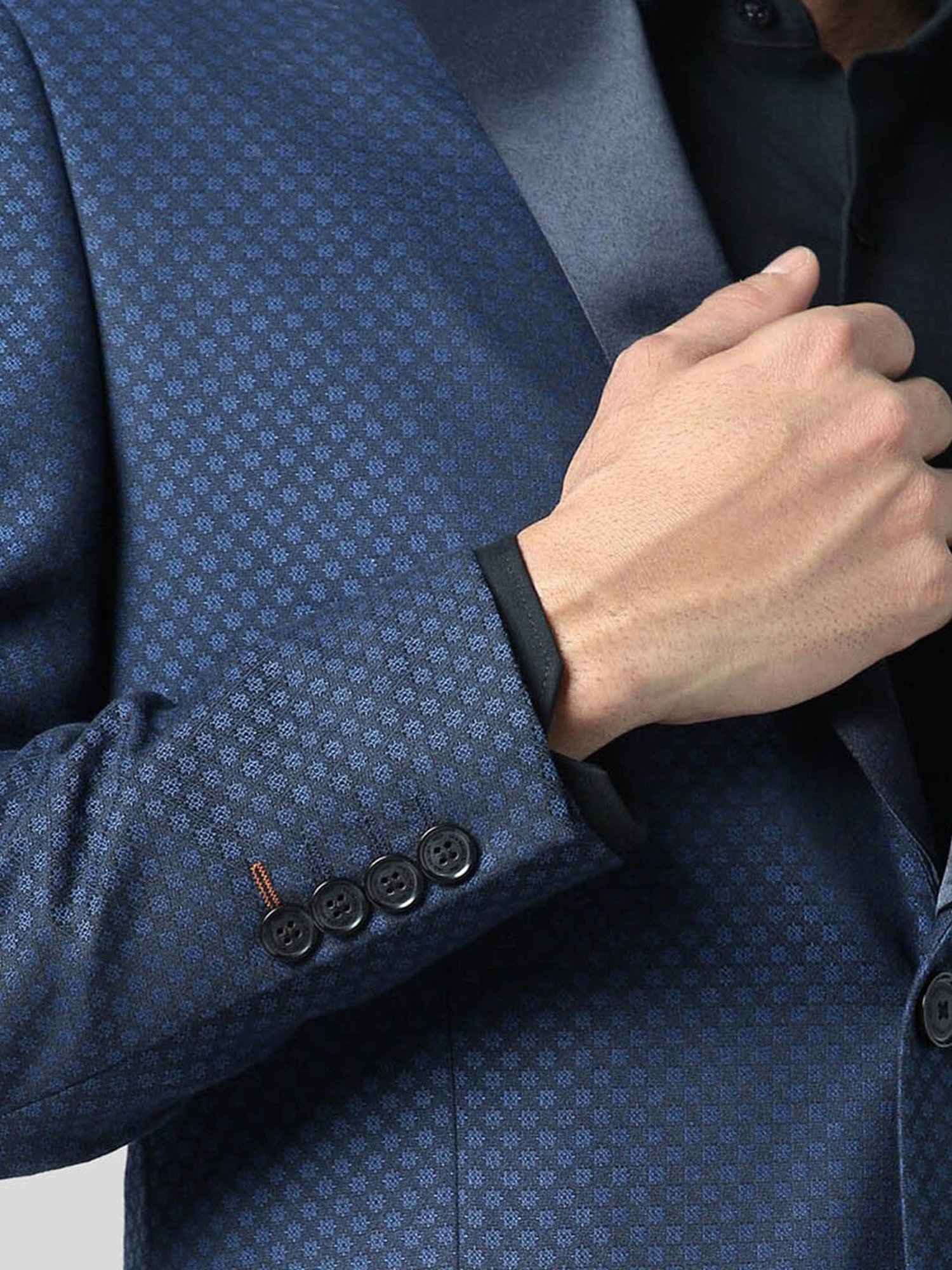 V Dot Navy Skinny Fit Self Pattern Blazer