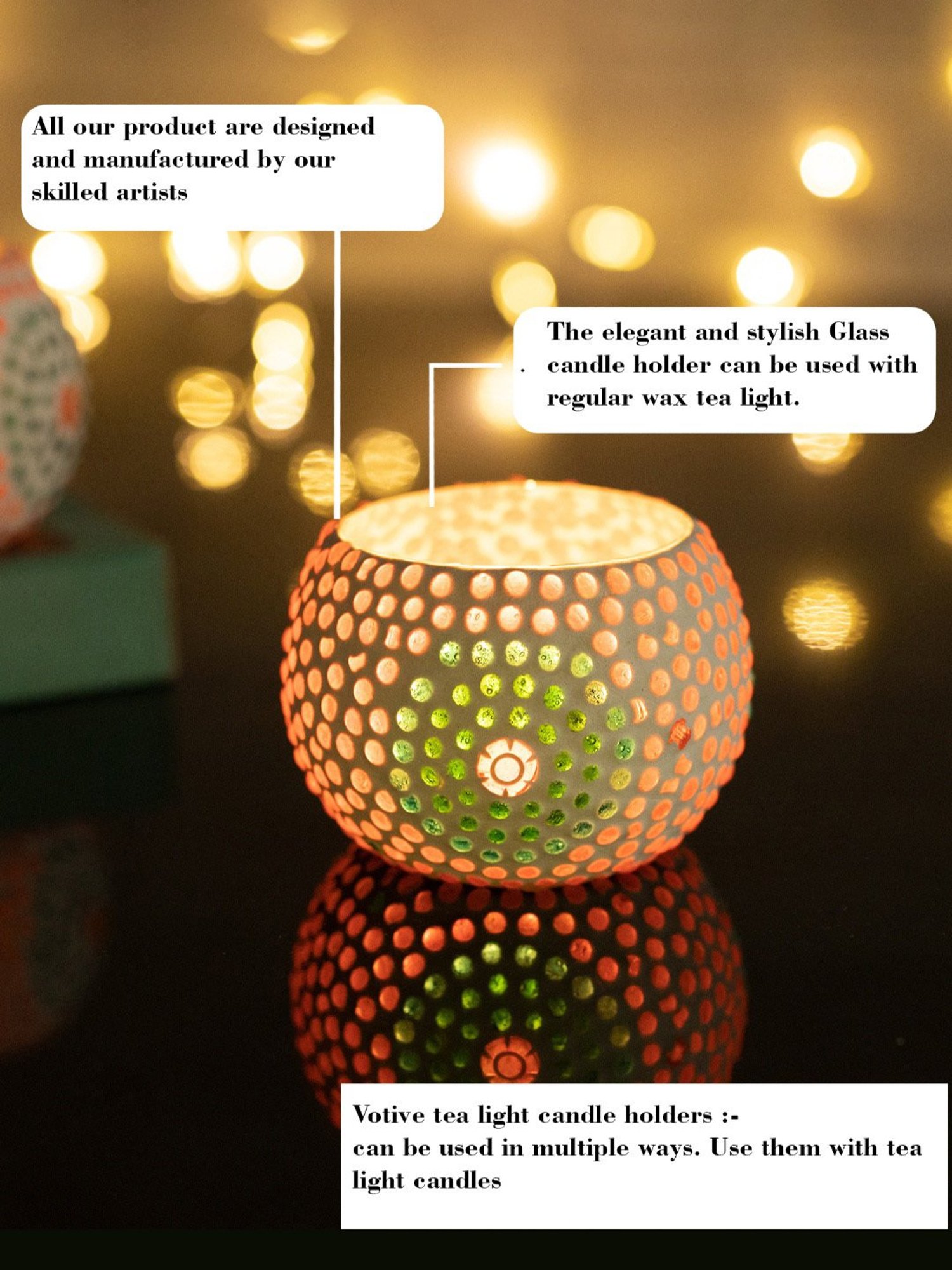 Homesake Round Mosaic Embellished Red Glass Tea Light Candle Holder - Set of 2