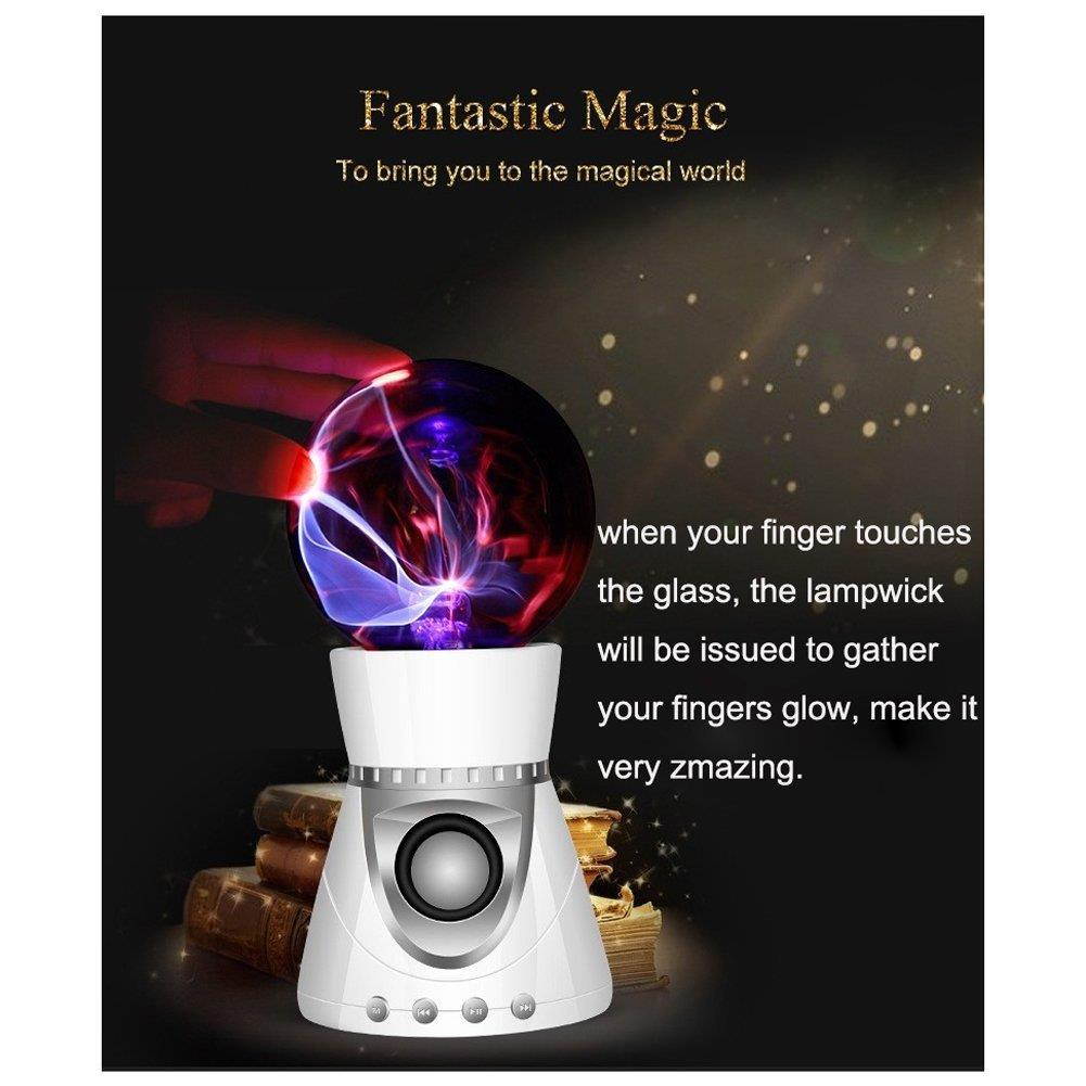 EIGIIS Portable Bluetooth Speaker Magic Plasma Ball Fantastic Lightening 3D Stereo Subwoofer Mini Music Speaker with TF Card Slot for Halloween Thanksgiving Day Christmas (White and Silver)