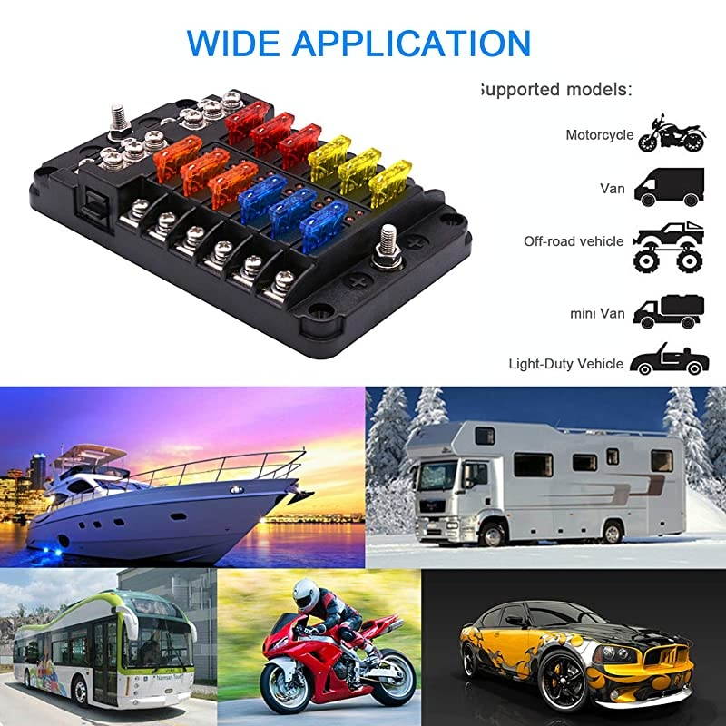 Fuse Box Blade Fuse Block Holder Screw Nut Terminal WNegative Bus 5A 10A 15A 20A Free Fuses LED Indicator Waterpoof Cover for Automotive Car Marine Boat