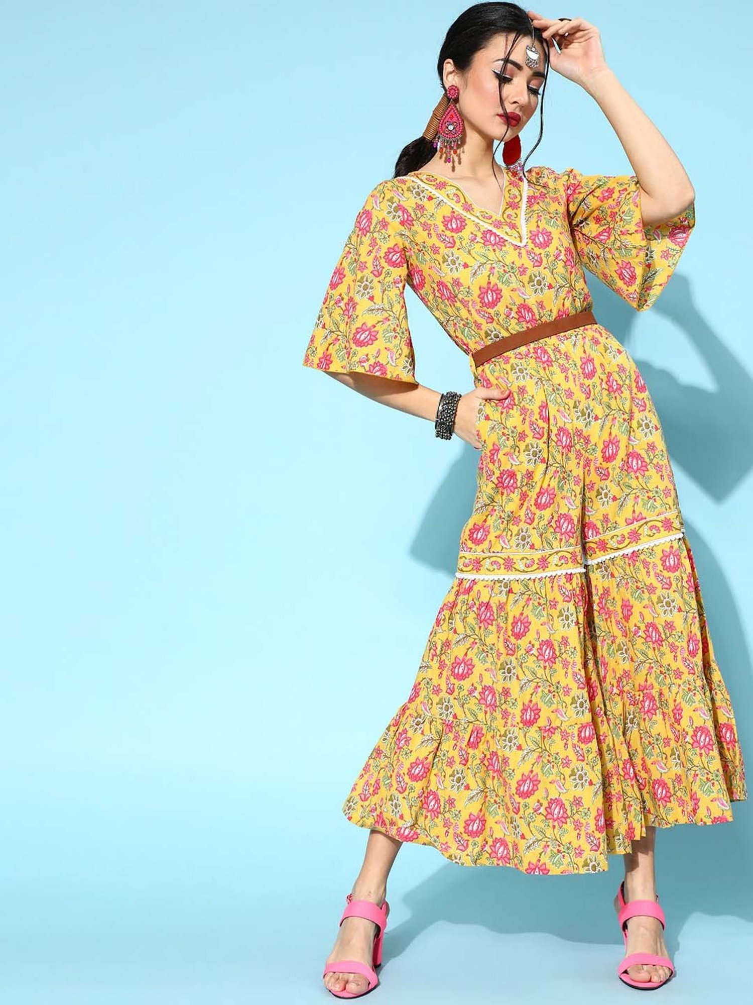 Yufta Yellow Cotton Floral Print Jumpsuit