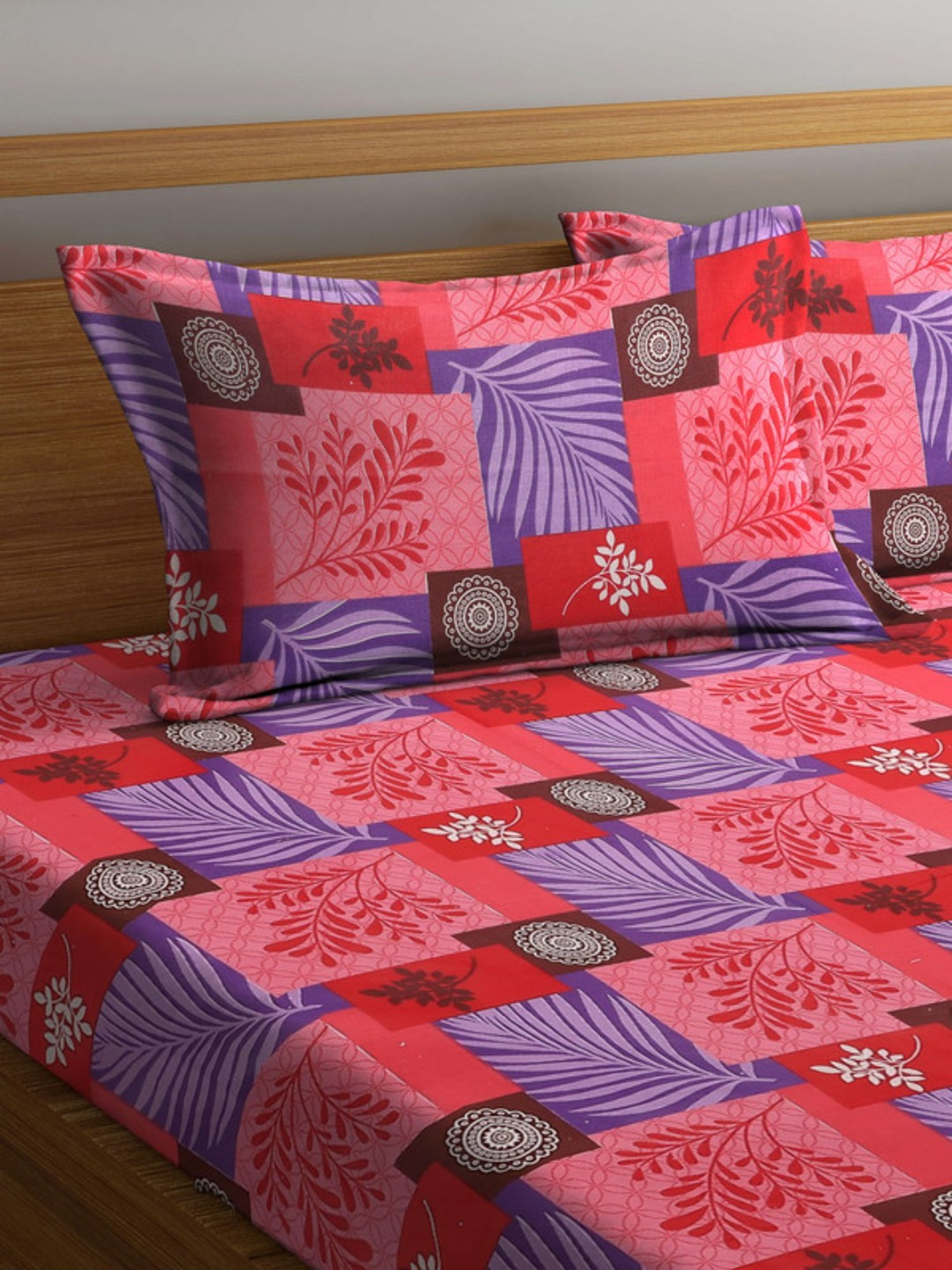 Dhrohar Printed Peach & Blue Cotton 180 TC Double Bedsheet with 2 Pillow covers