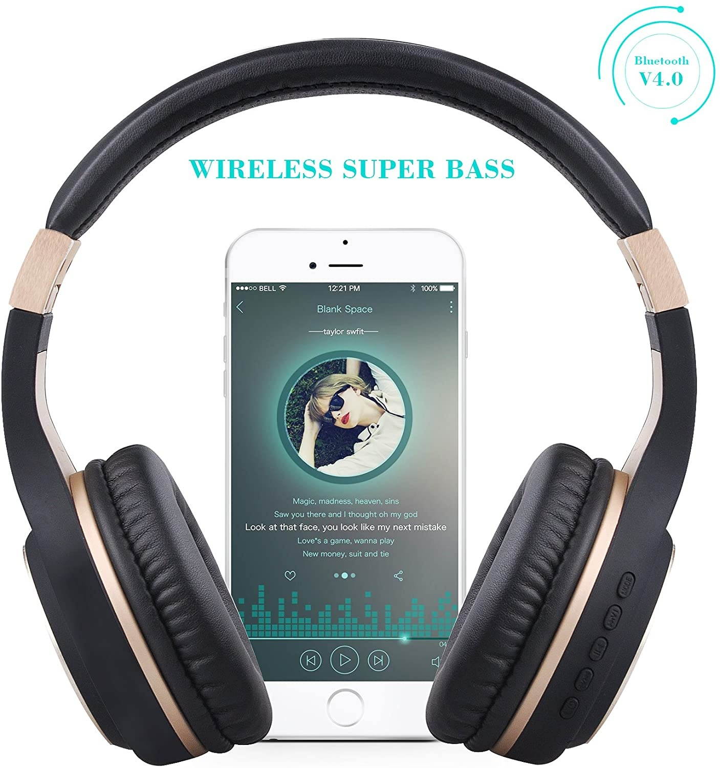 Bluetooth Headphones XBT-80 Folding Stereo Wireless Bluetooth Headphones Over Ear with Microphone and Volume Control Wireless and Wired Headset for PC/Cell Phones/TV/ipad (Black Gold)