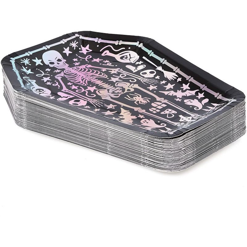 Spooky Central 48 Pack Skeleton Coffin Paper Plates, Black Halloween Party Supplies (9 In)