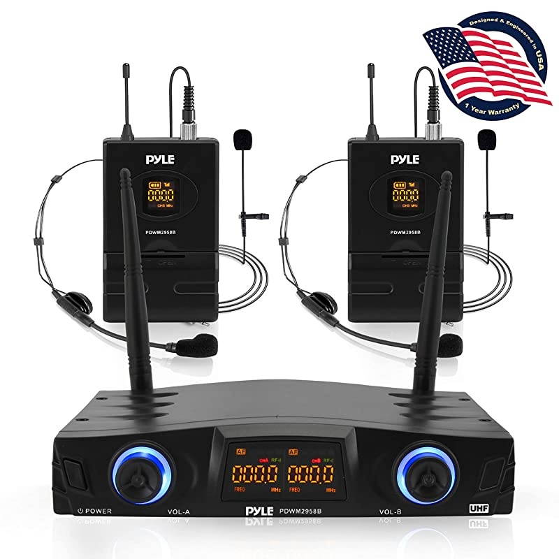 Compact UHF Wireless Microphone System Pro Portable Dual Channel Desktop Digital Mic Receiver Set w 2 BeltPack Transmitter Receiver 2 Headset Lavalier Mics XLR for Home PA  PDWM2958B
