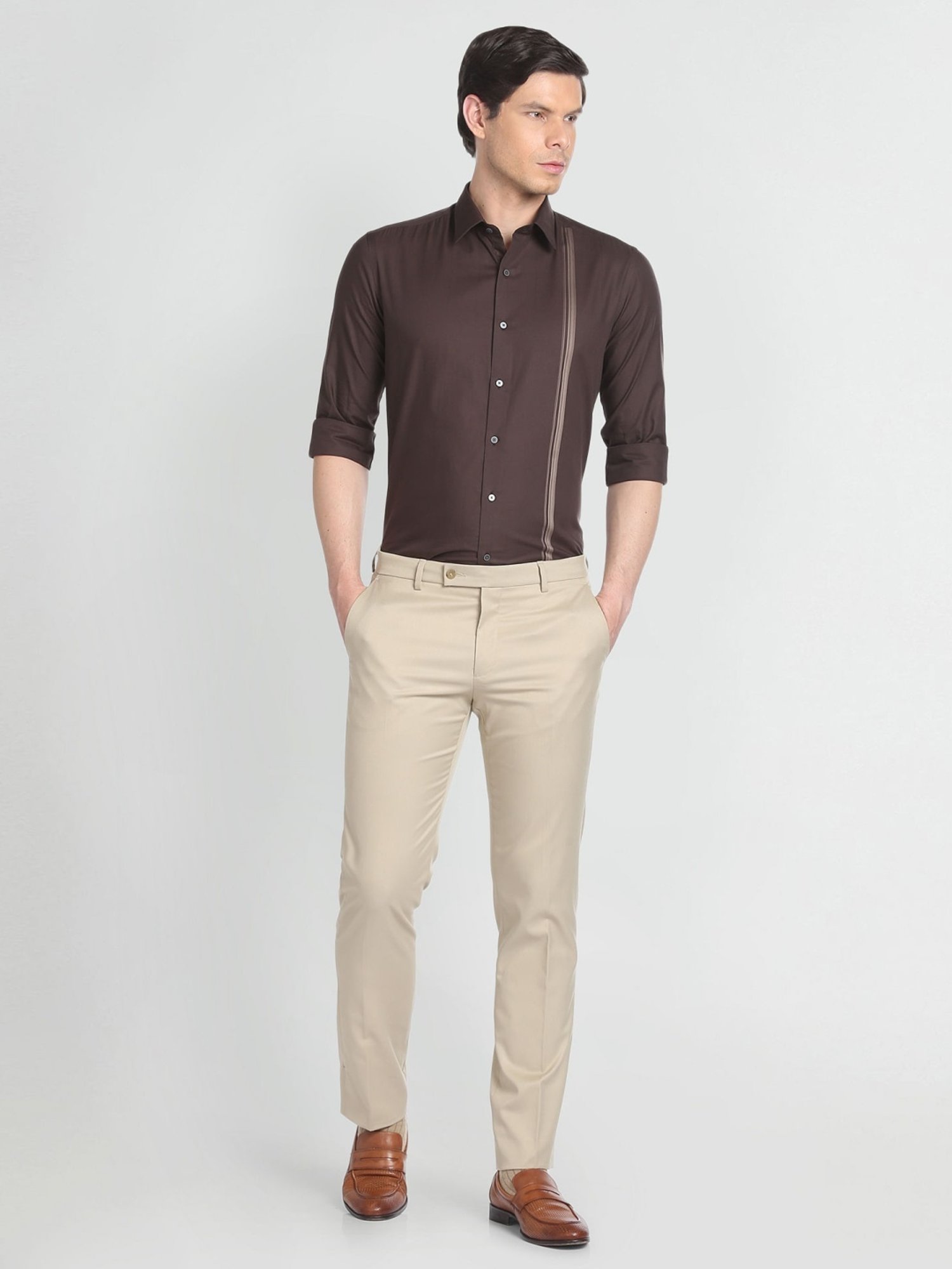 Arrow Newyork Brown Cotton Slim Fit Striped Shirt