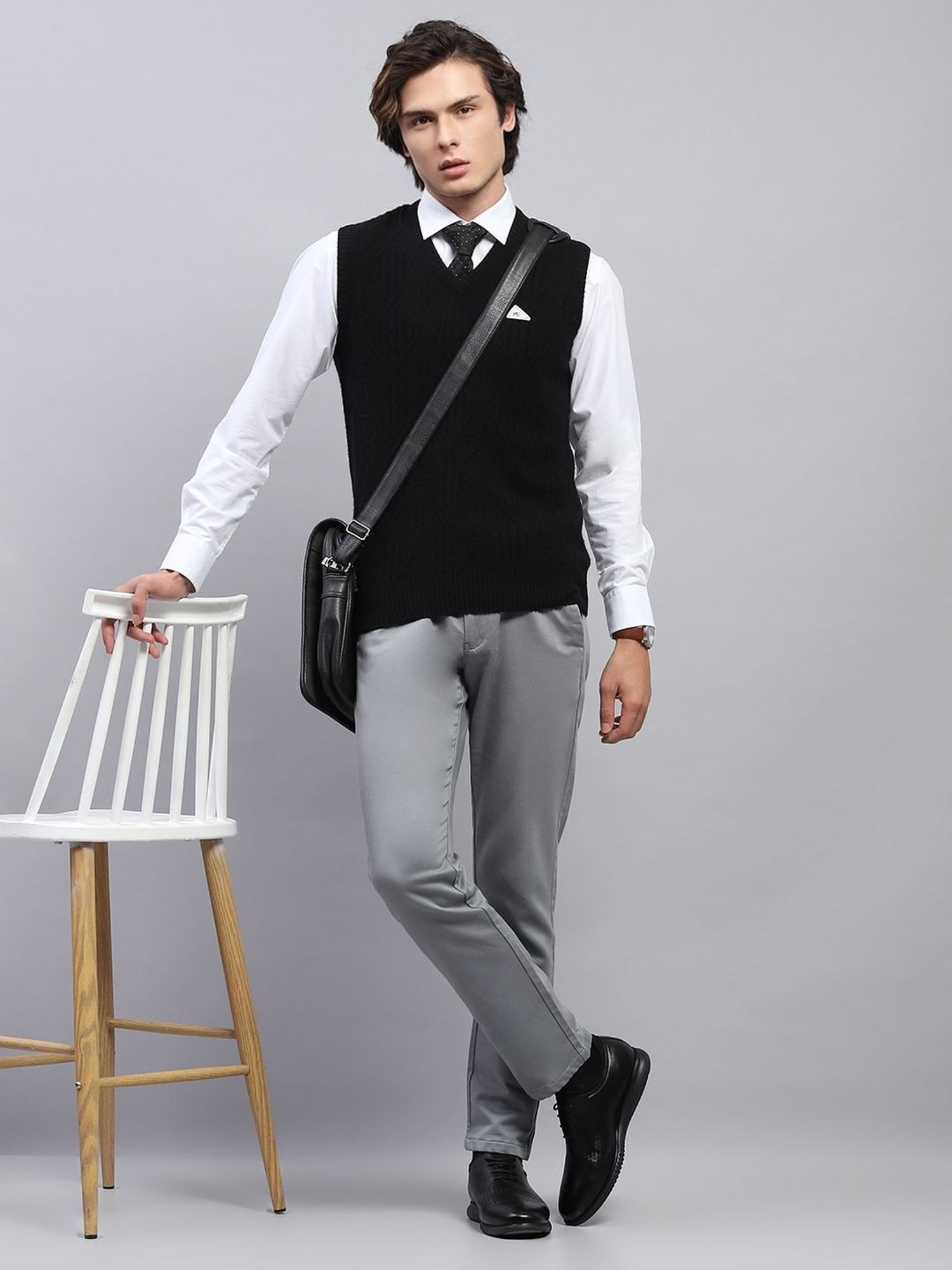 Monte Carlo Black Regular Fit Self Pattern Sweaters