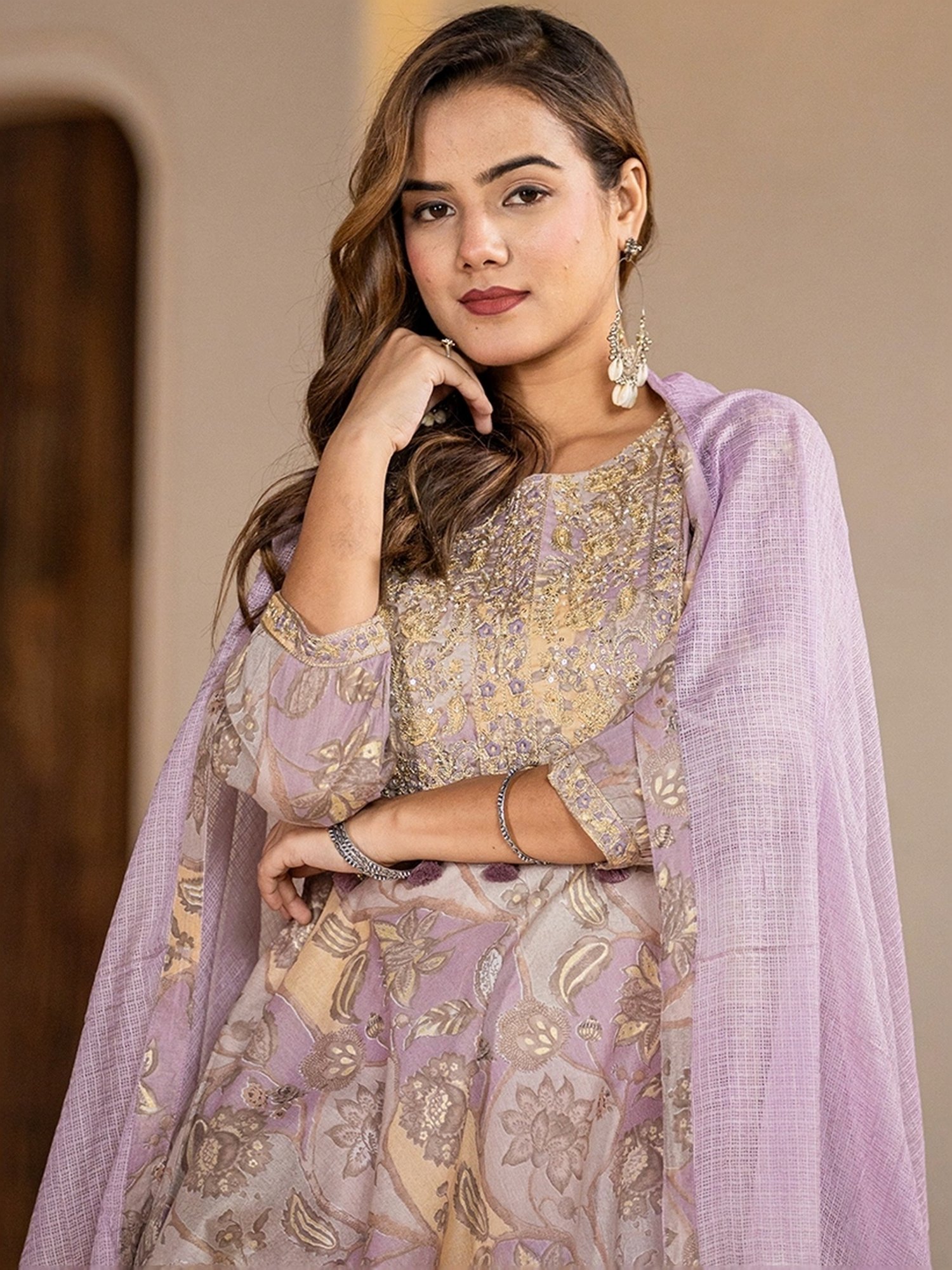 Yufta Purple Cotton Printed Kurti Dhoti Pant Set With Dupatta