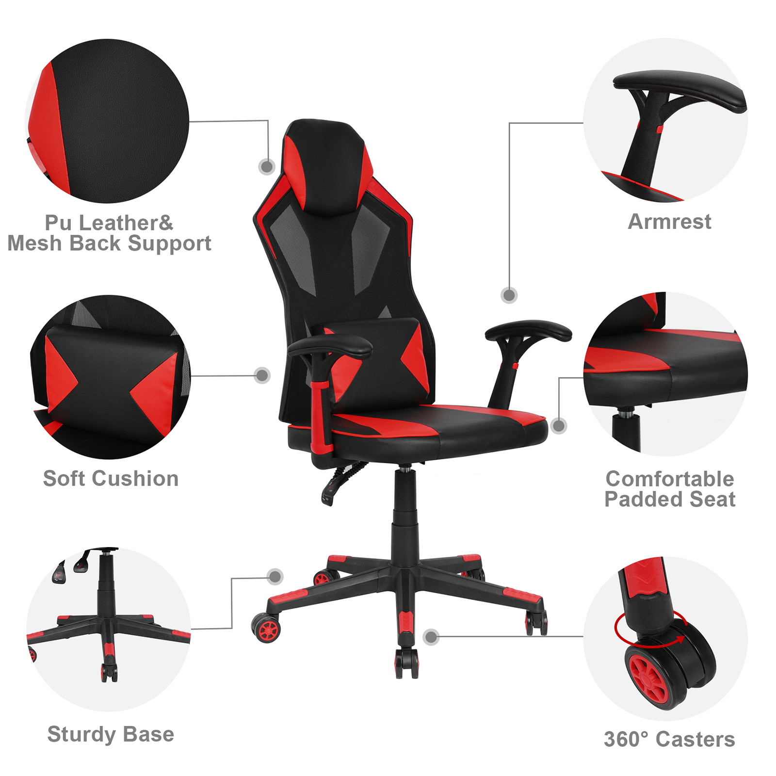 YOUTHUP Office Chair Functional Ergonomic Leather Gaming Chair Swivel Rolling Computer Desk Chair with Lumbar Support,Black and Grey