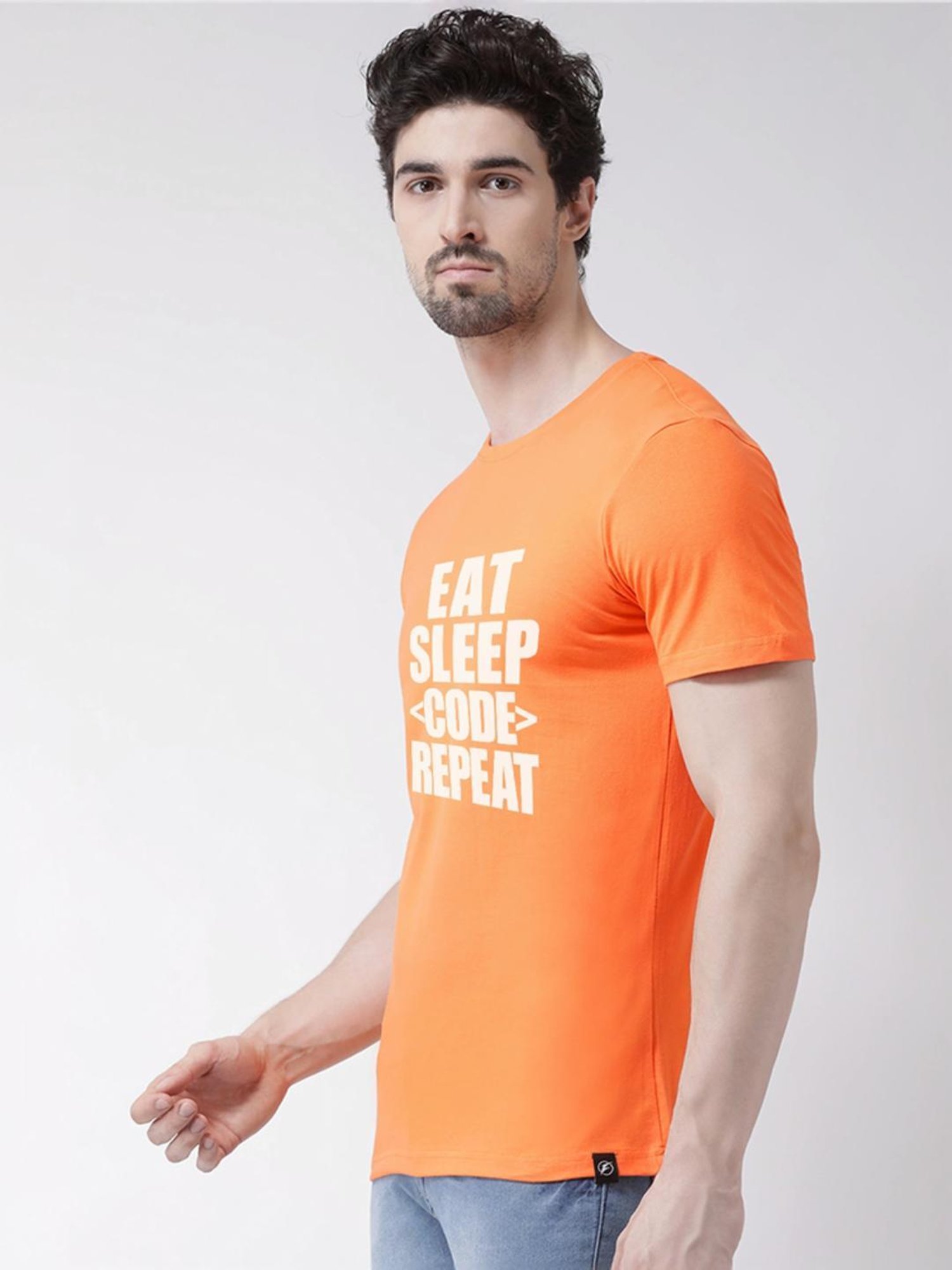 Friskers Orange Cotton Slim Fit Printed T-Shirt