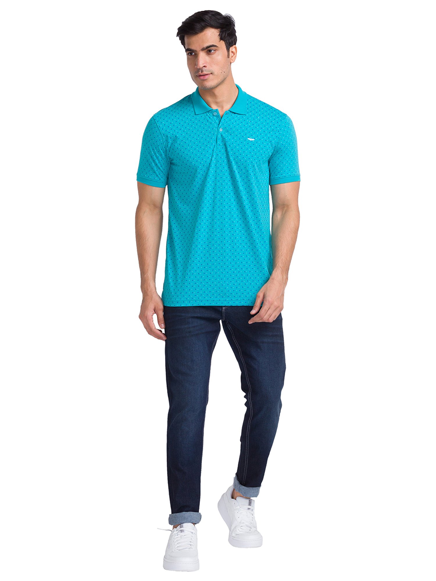 Park Avenue Petrol Blue Slim Fit Polo Printed T-Shirt