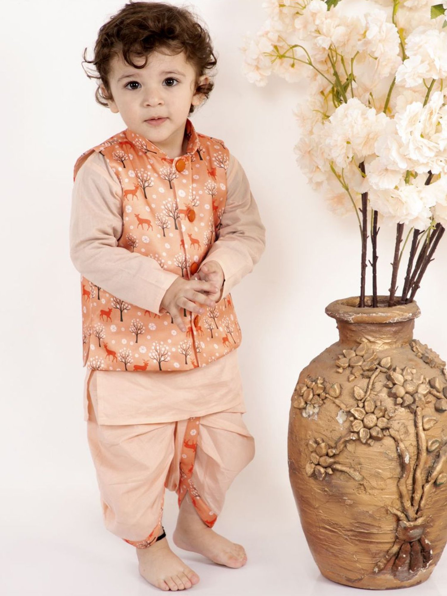 Little Bansi Kids Peach Cotton Printed Kurta Set