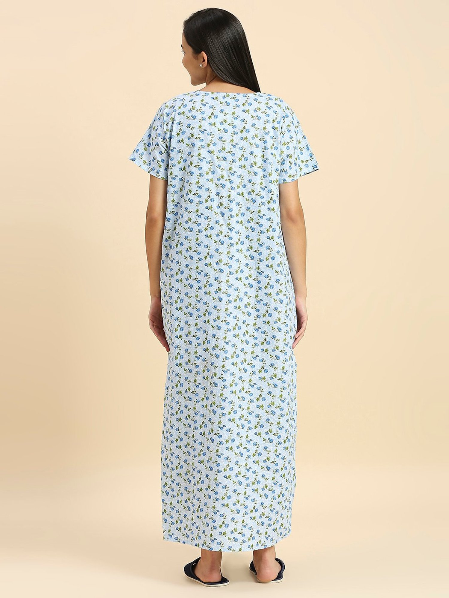 MomToBe Blue Cotton Floral Print Feeding Nighty
