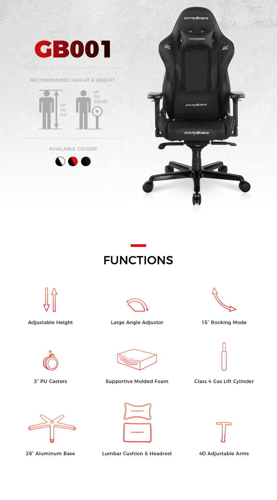 DXRacer Ergonomically Gaming Chair G Series - GB001 - Black and Red