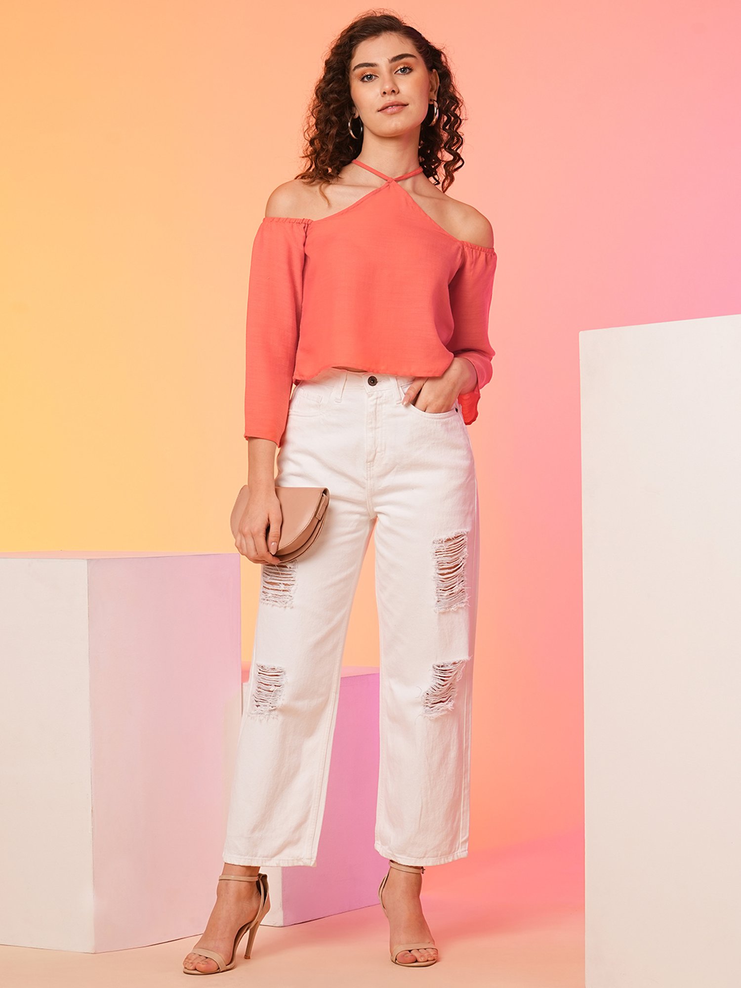 Globus Coral Cotton Relaxed Fit Crop Top