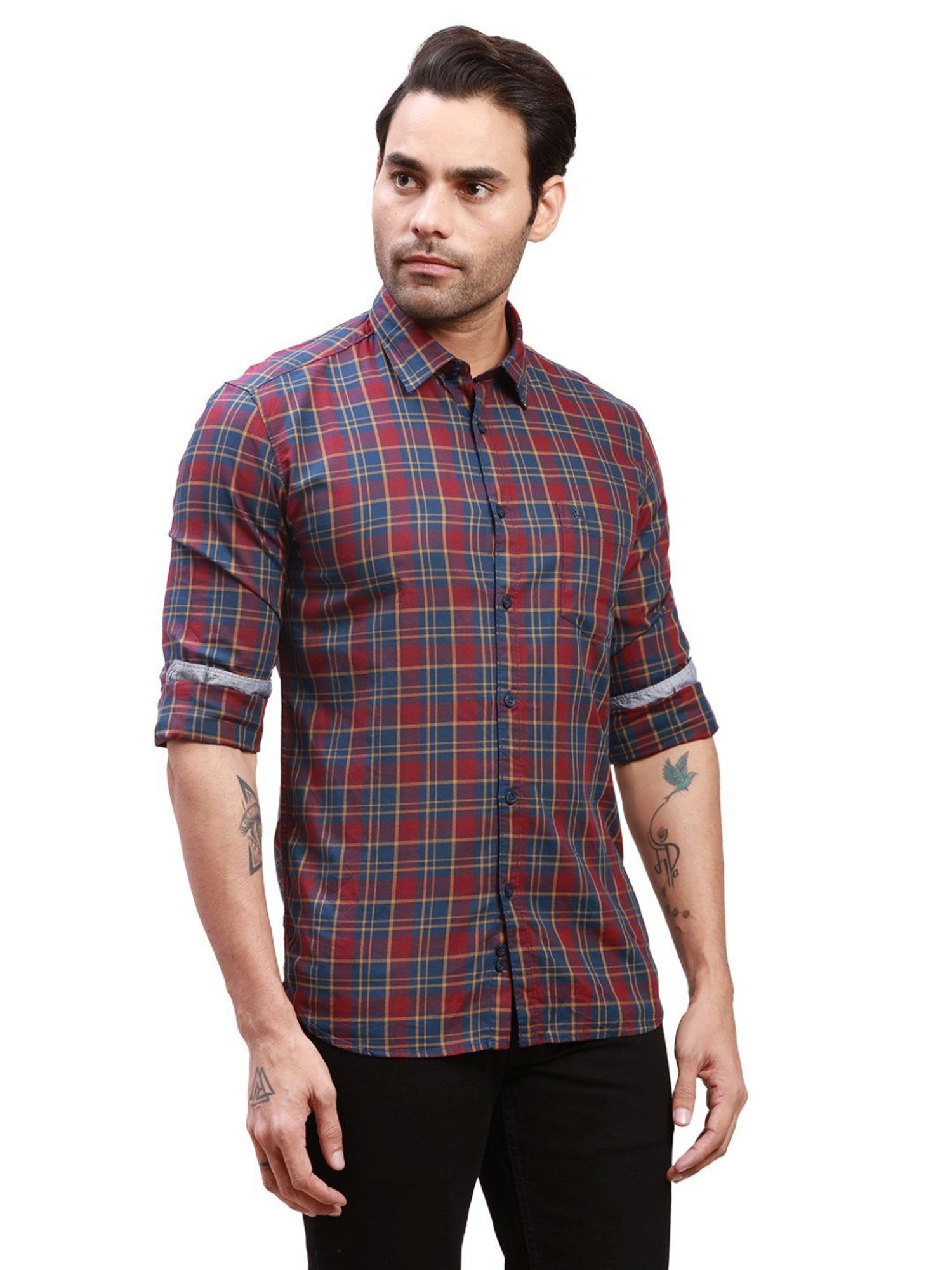 Spykar Blue Cotton Slim Fit Checks Shirt