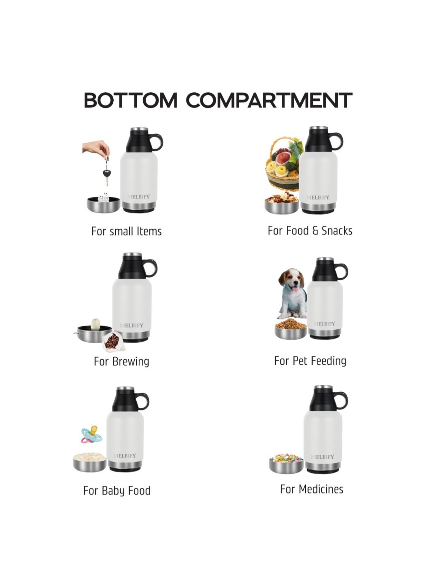 Melbify 3-in-1 Thermos Flask White ThermoSteel Water Bottle (1L)