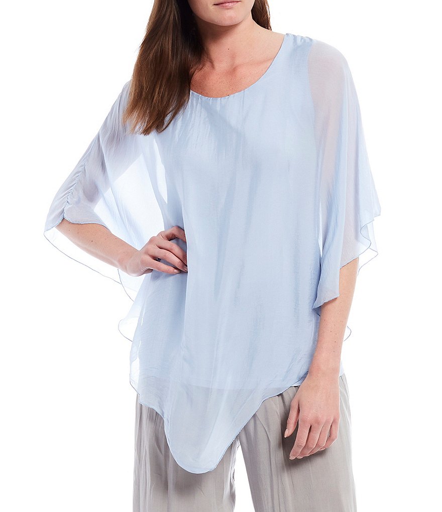 M Made in Italy 3/4 Sleeve Asymmetrical Hem Silky Woven Top
