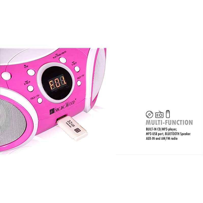 CD Player Boombox, CD/CD-R/CD-RW, Portable w/Bluetooth, USB, AM/FM Radio, Aux Line-Input, Headset Jack, Foldable Carrying Handle and LED Light (Phantom Black)