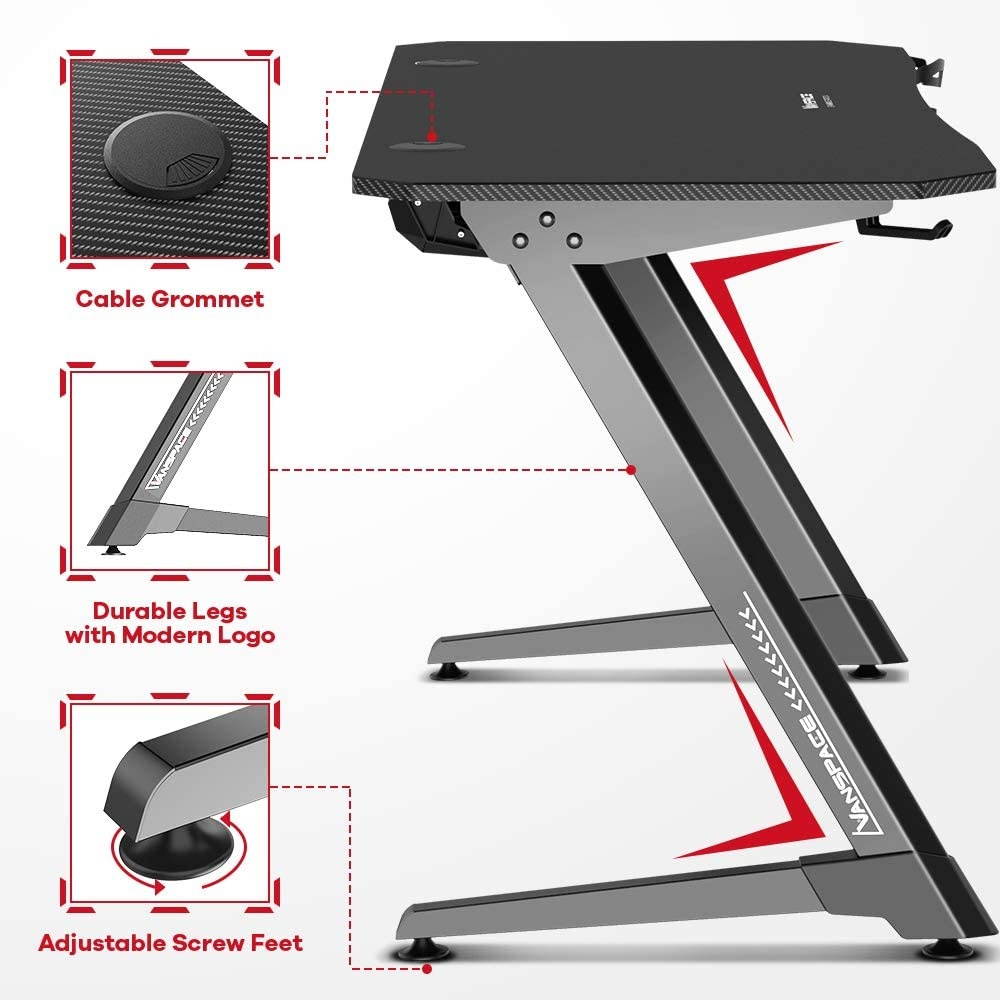 55 Inch Ergonomic Gaming Desk with Free Mouse Pad, Z-Shaped Office Desk PC Computer Desk Racing Gaming Table Gamer Workstation with Cup Holder & Headphone Hook, Cable Manage