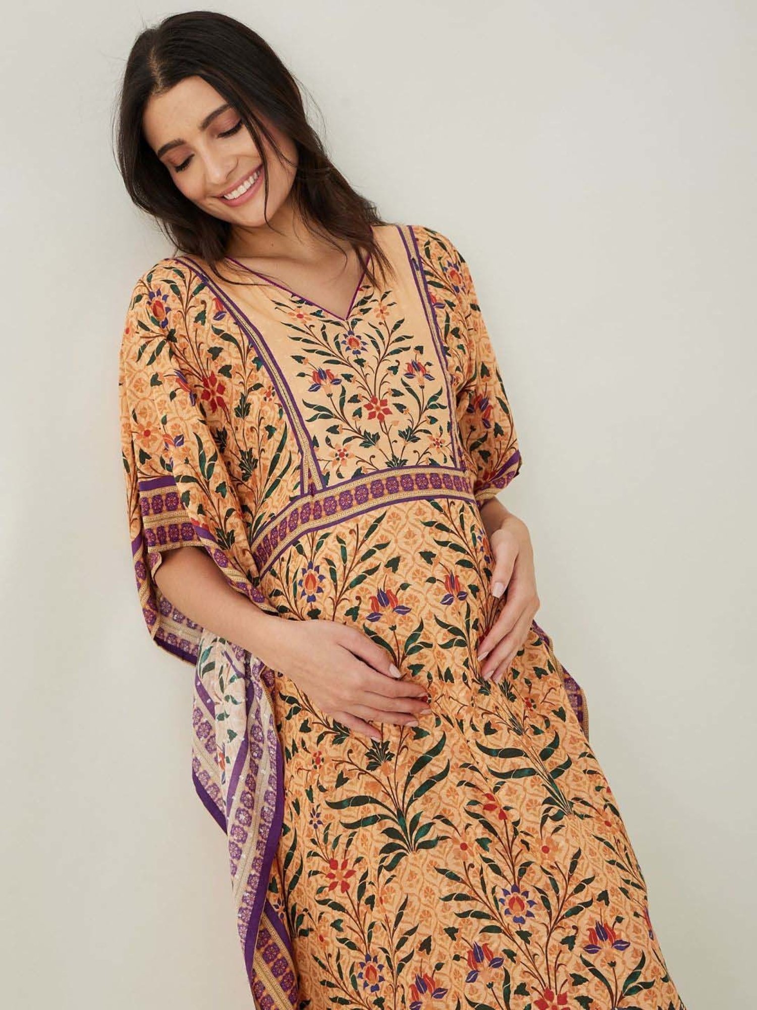The Kaftan Company Beige Printed Maternity Kaftan