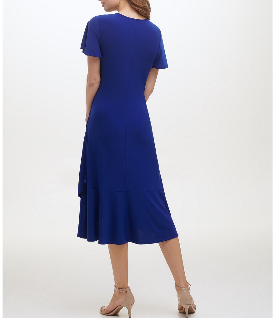 Kensie Ruched Waist Faux-Wrap V-Neck Short Flutter Sleeve Midi Dress