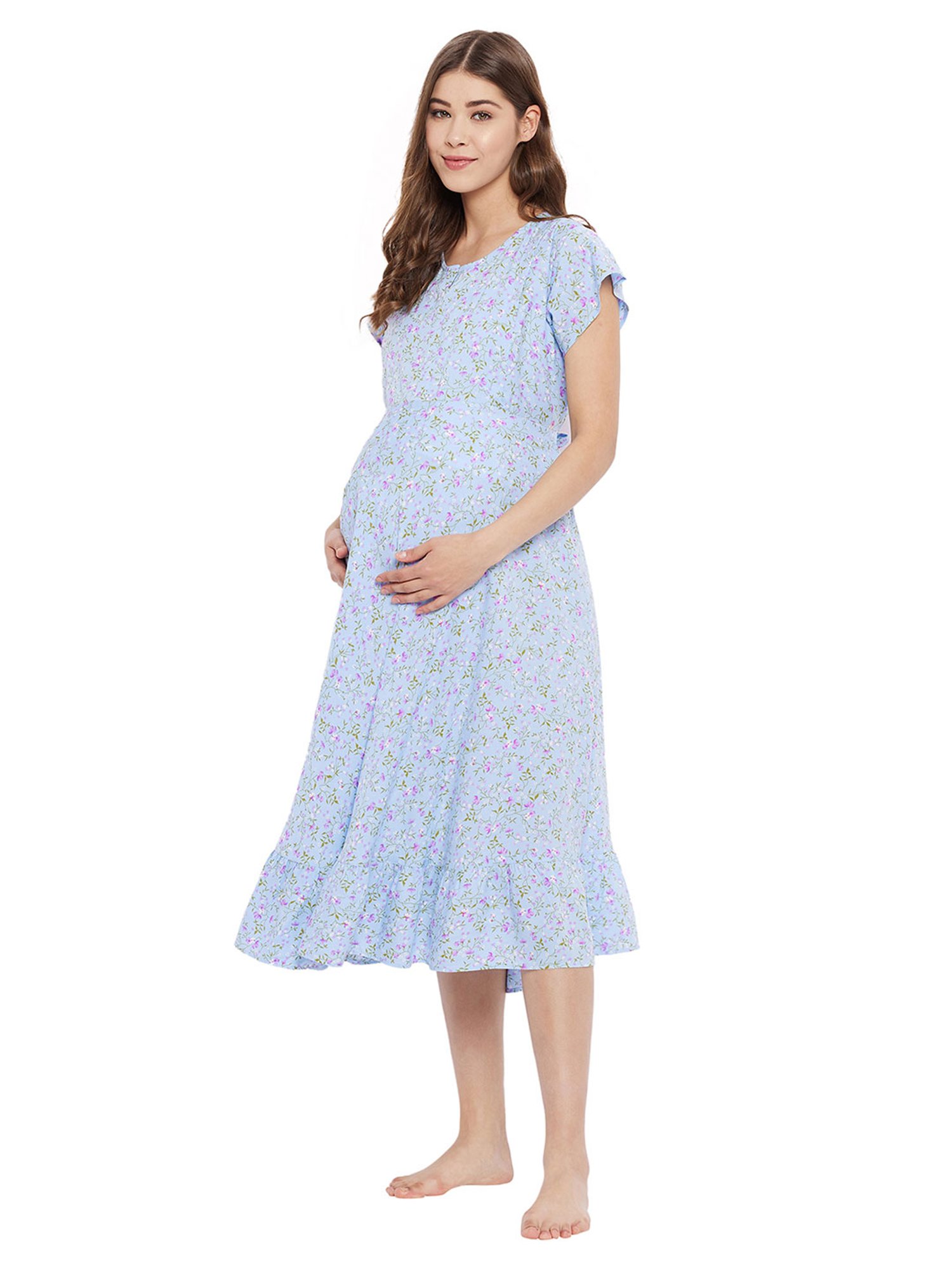 Hypernation Blue Floral Print Maternity Night Dress