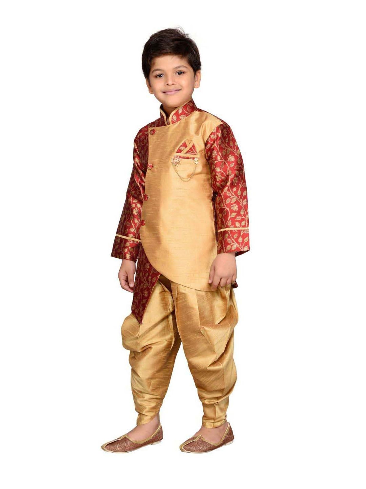 AJ Dezines Kids Maroon & Gold Printed Full Sleeves Sherwani Set
