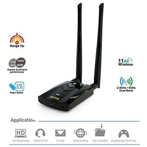alfa longrange dualband ac1200 wireless usb 3.0 wifi adapter w/2x 5dbi external antennas  2.4ghz 300mbps/5ghz 867mbps  802.11ac & a, b, g, n