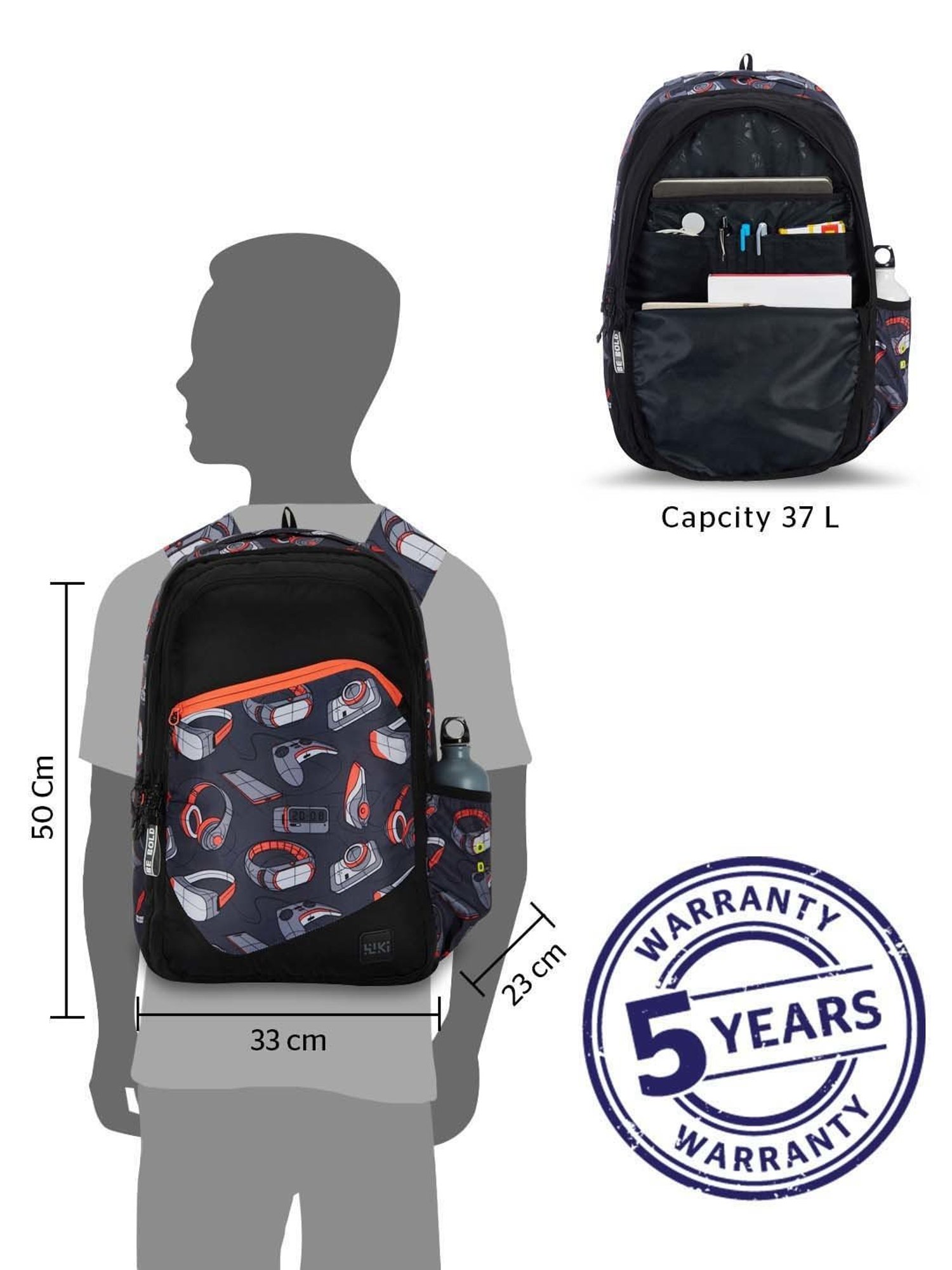 Wiki 37 Ltrs Black Medium Backpack