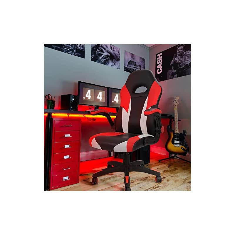 Gaming Chair Ergonomic Leather Racing Computer Chair High Back Adjustable Swivel Executive Office Desk Chair with Flip-Up Armrest (Red)