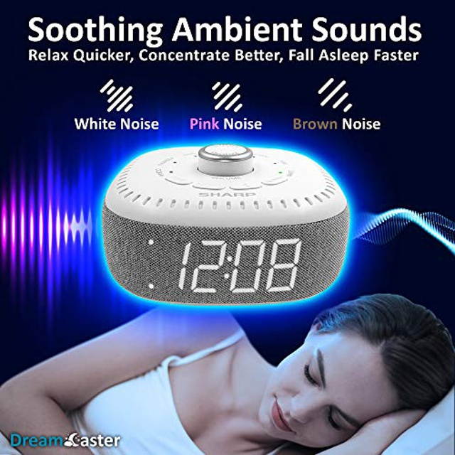 DreamCaster by Sharp Sound Machine Alarm Clock with Bluetooth Speaker, 6 High Fidelity Sleep Machine Soundtracks - White Noise Machine for Baby, Adults, Home and Office - White LED