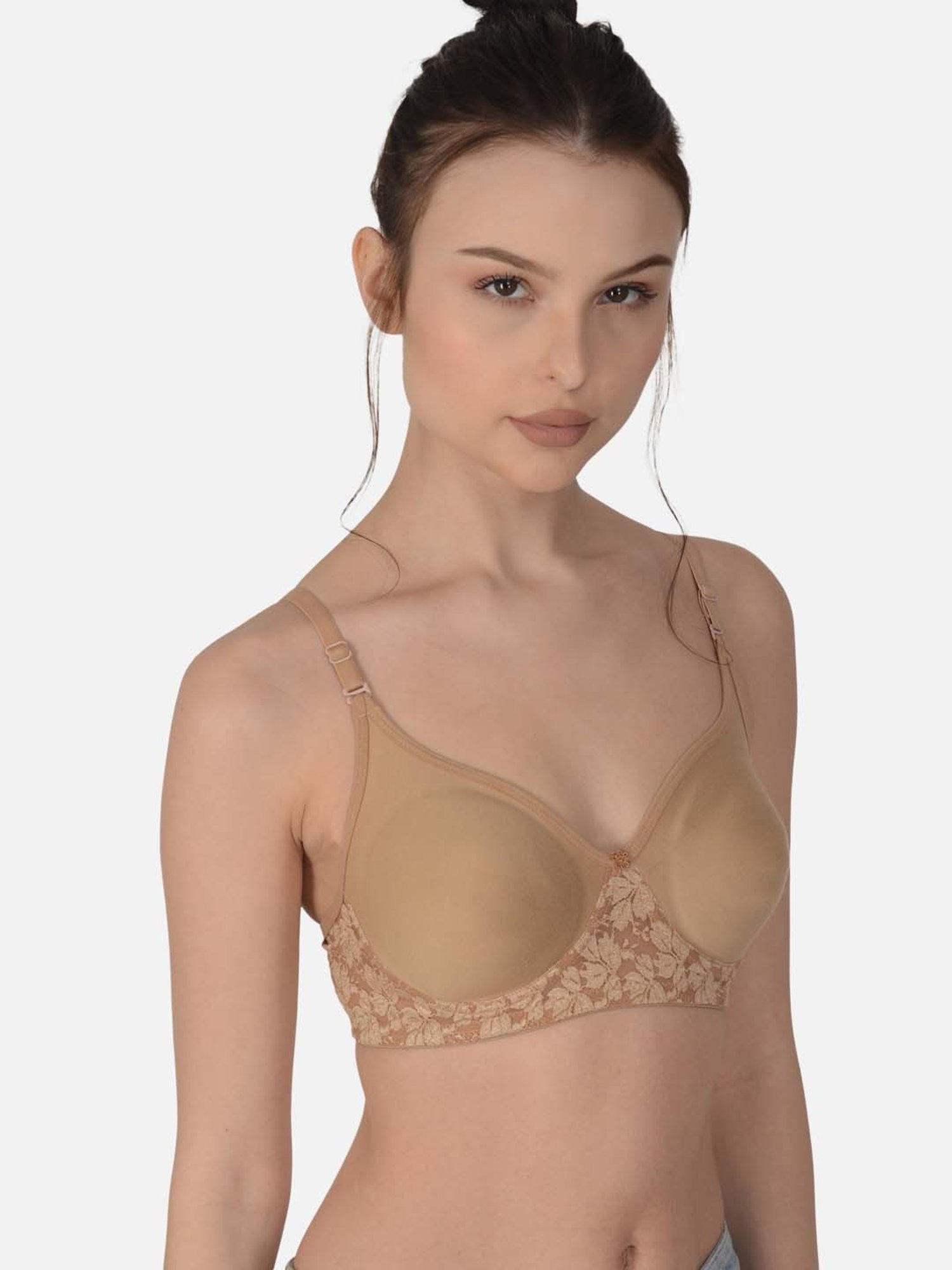 mod & shy Brown Cotton Lace Work Seamless Bra
