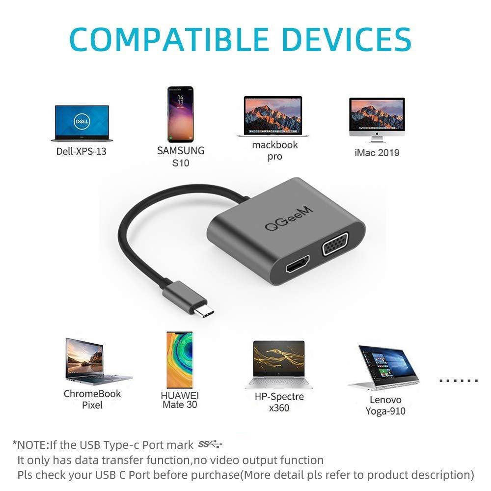 USB C to HDMI VGA Adapter, QGeeM 2-in-1 Type C to VGA HDMI Adapter (Thunderbolt 3 Compatible) for MacBook Pro, iMac 2017, Chromebook Pixel, Galaxy S8/S8Plus and More