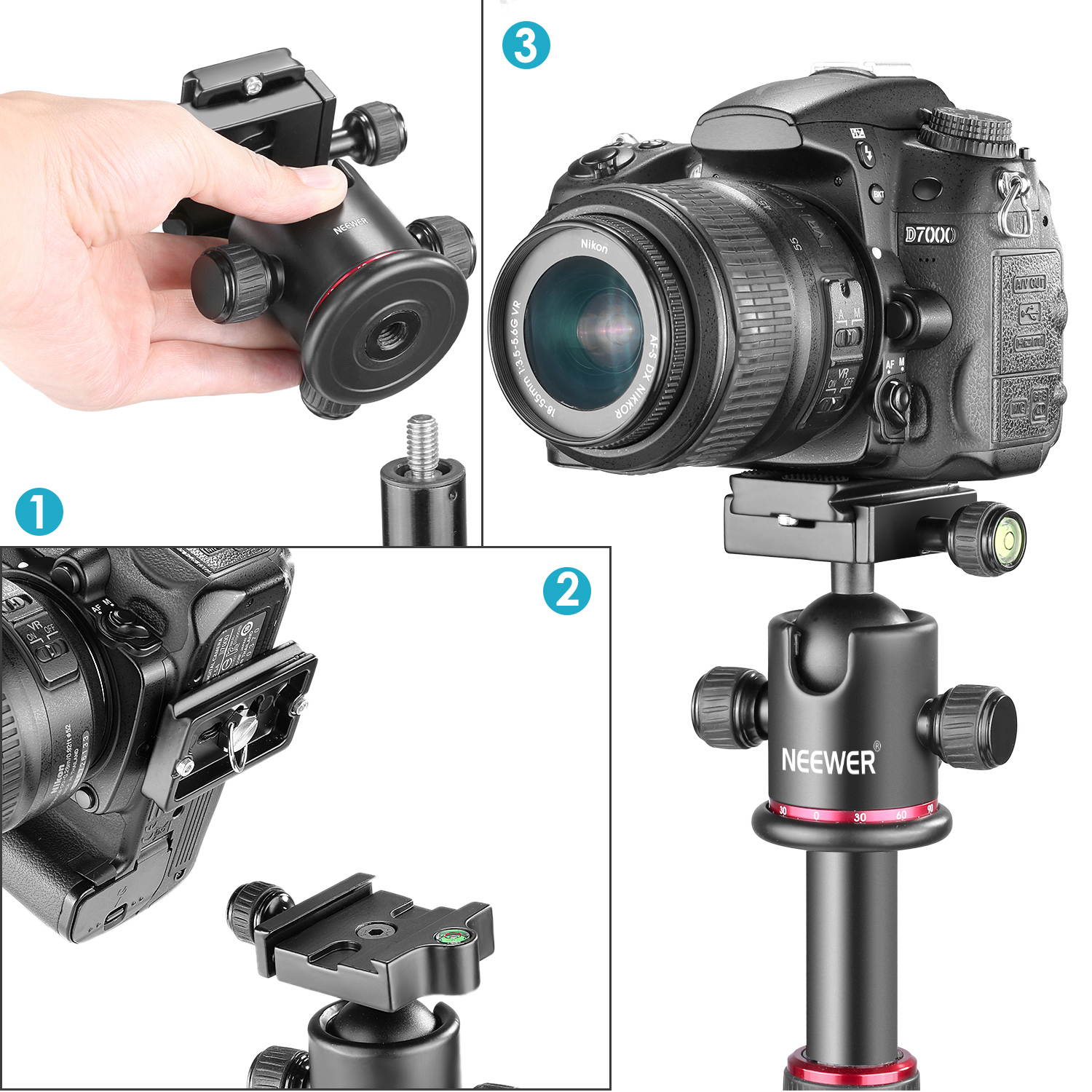 Neewer KINGJOY Professional Metal 360 Degree Rotating Panoramic Ball Head with 1/4 inch Quick Release Plate and Bubble Level,up to 17.6pounds/8kilograms,for Tripod,Monopod,Slider,DSLR Camera,Camcorder