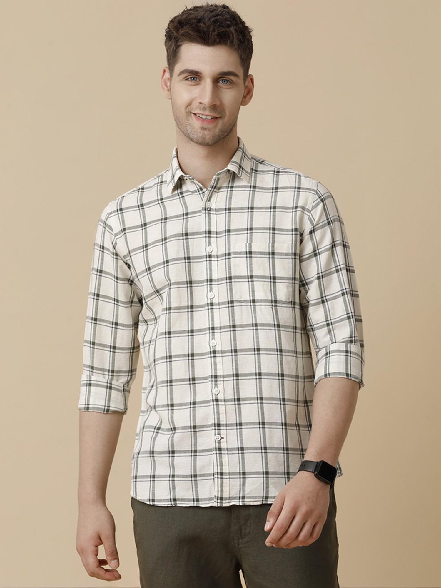 Linen Club Black Linen Contemporary Fit Checks Shirt
