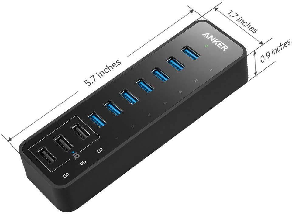 USB HUB, 10 Port 60W Data Hub with 7 USB 3.0 Ports and 3 PowerIQ Charging Ports for MacBook, Mac Pro/Mini, iMac, XPS, Surface Pro, iPhone 7, 6s Plus, iPad Air 2, Galaxy Series, Mobile HDD, and More