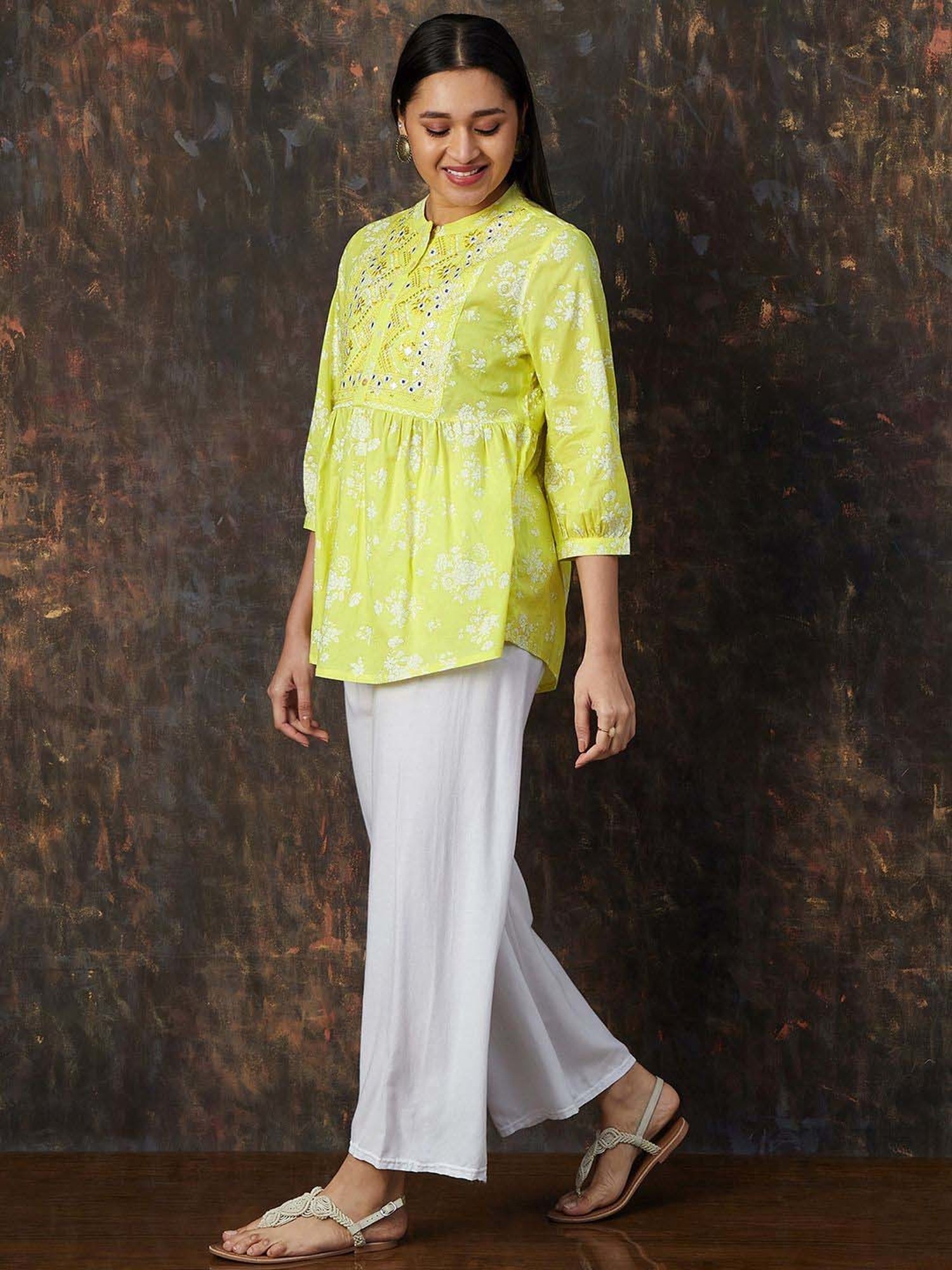 Melange by Lifestyle Yellow Cotton Embroidered Tunic