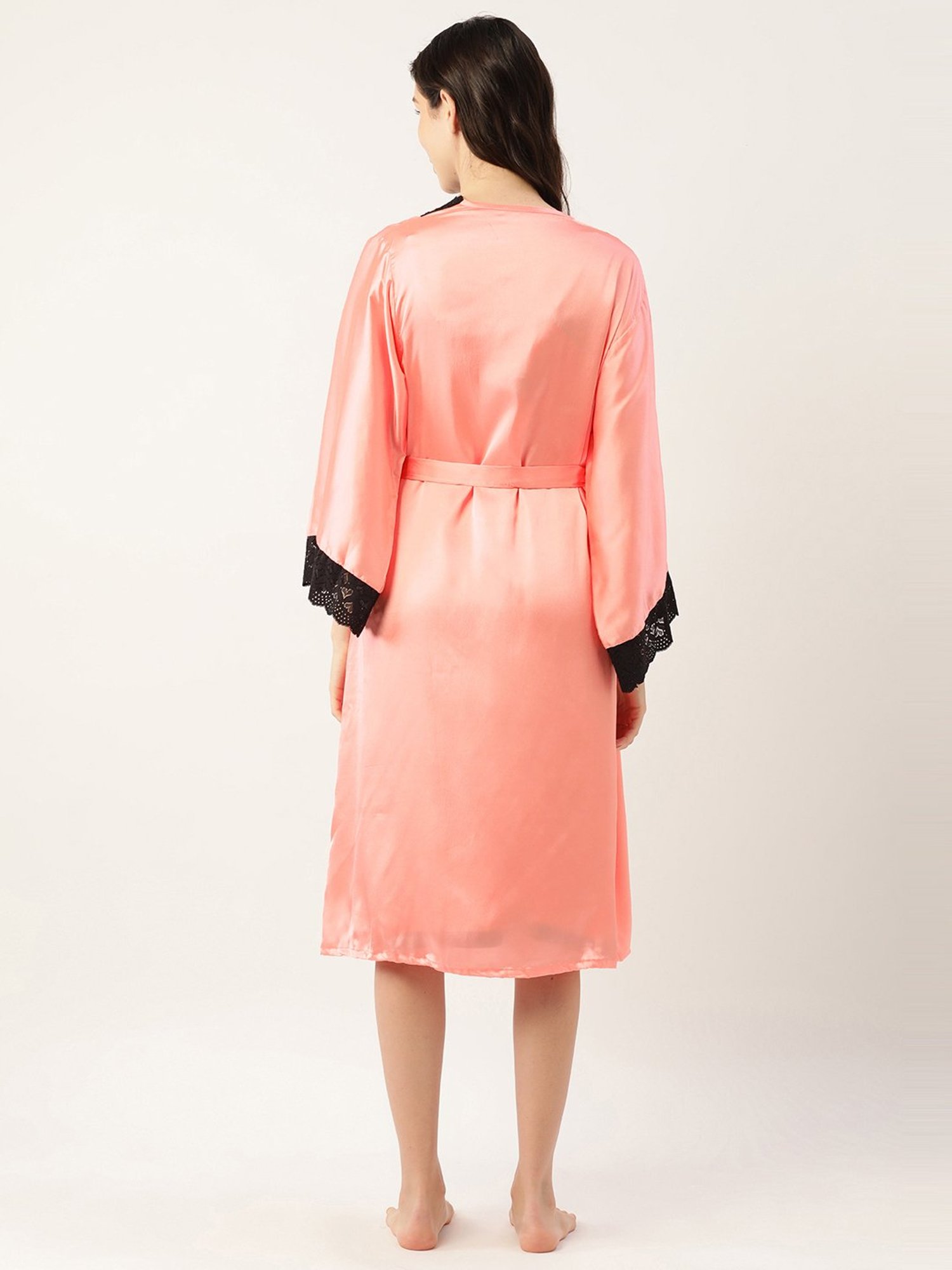 Ms.Lingies Peach Lace Work Nightwear With Robe