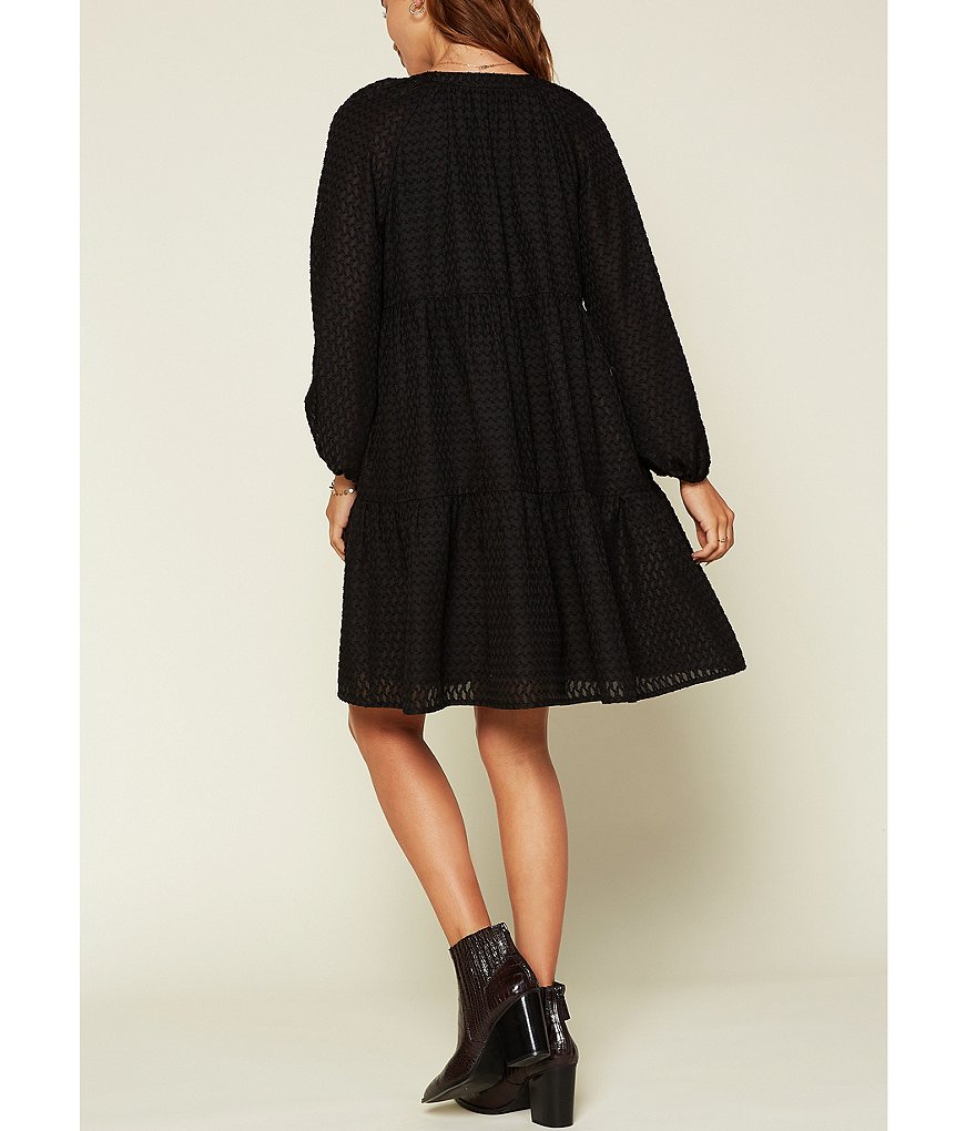 Skies Are Blue Jacquard Woven Notch Neck Long Sleeve Tiered Dress