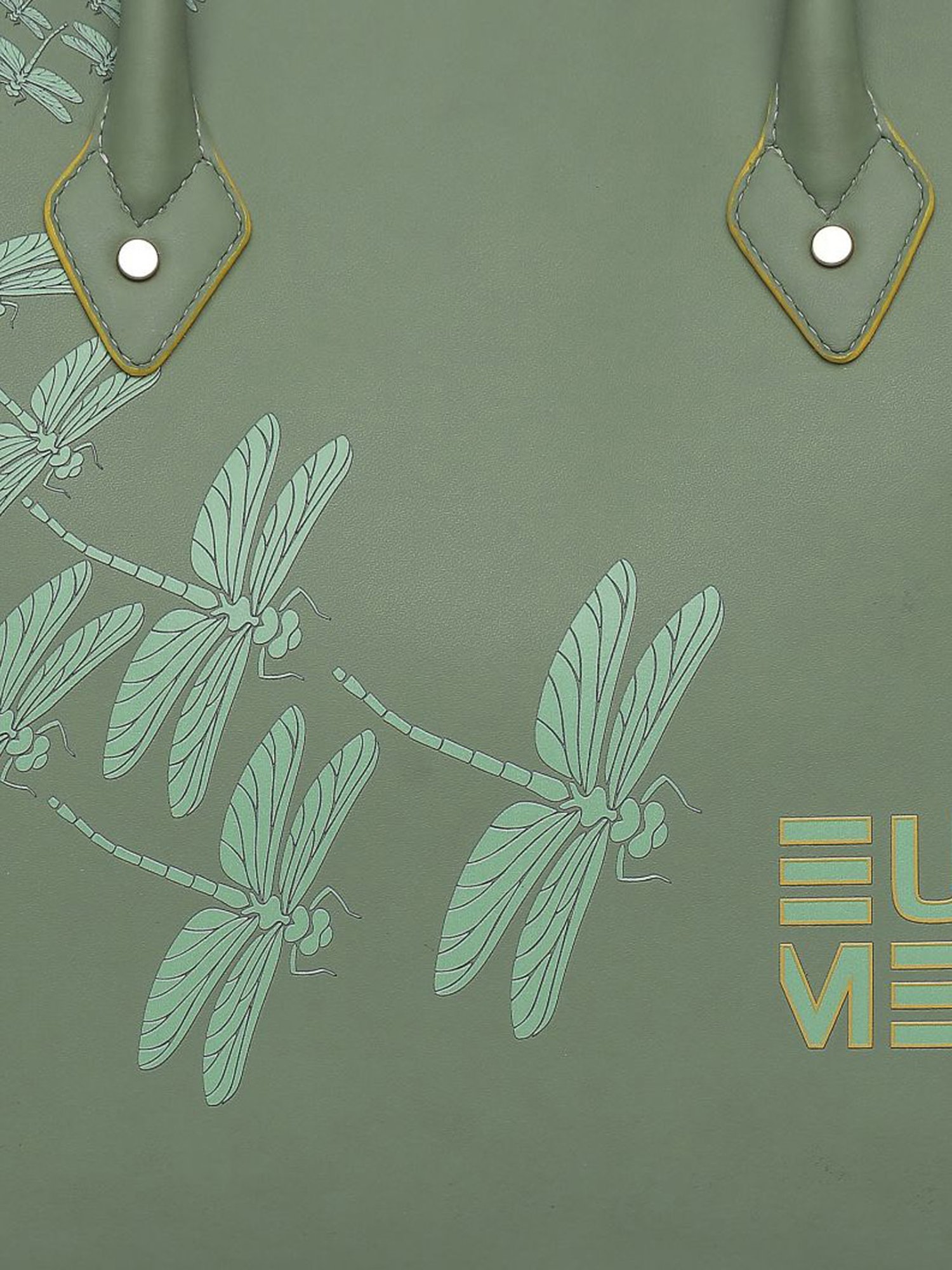 Eume Dragonfly Basil Green Leather Printed Handbag