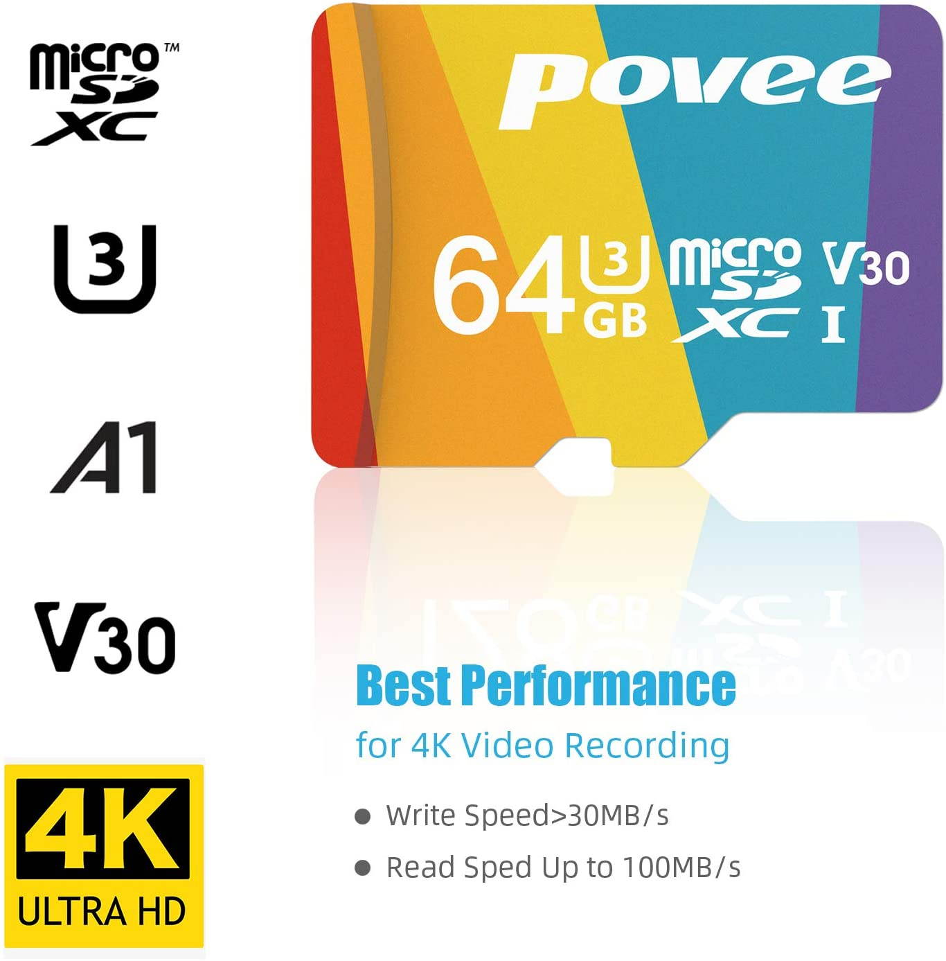 64GB Micro SD Card with Adapter,U3 A1 MicroSDXC Card 667X High Speed Up to 100MB/s UHS-I MicroSD UHS-1 Class 10 Memory Card for Android Smartphone Nintendo Galaxy Fire and Gopro