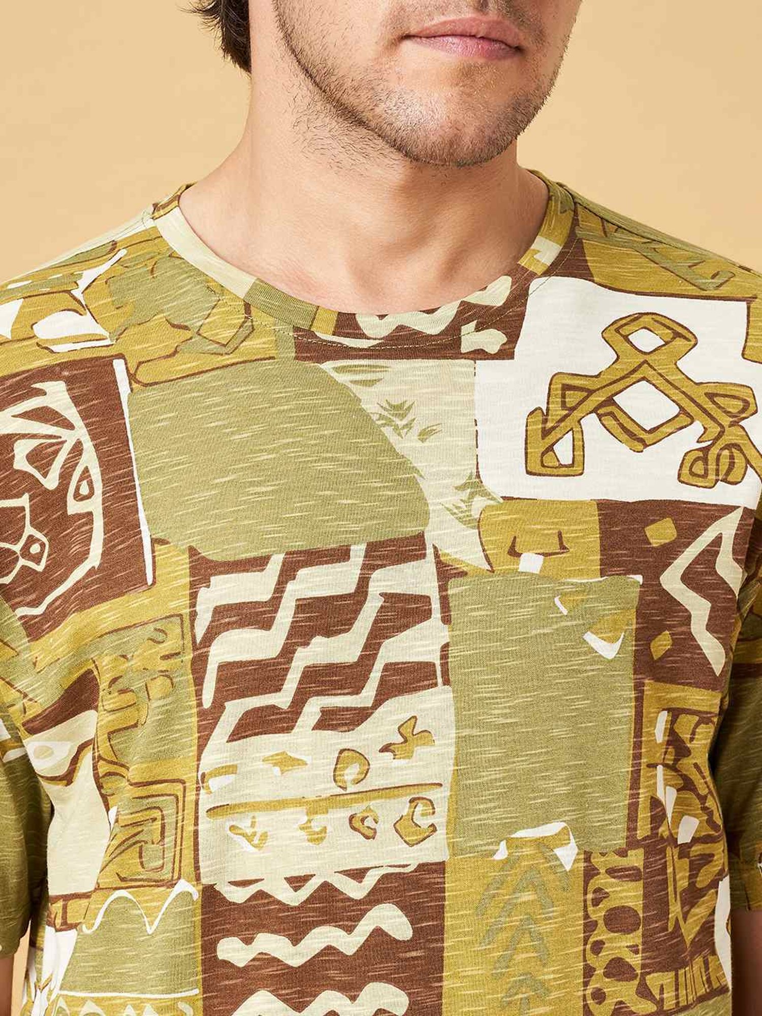 7 Alt by Pantaloons Light Green Cotton Relaxed Fit Printed T-Shirt