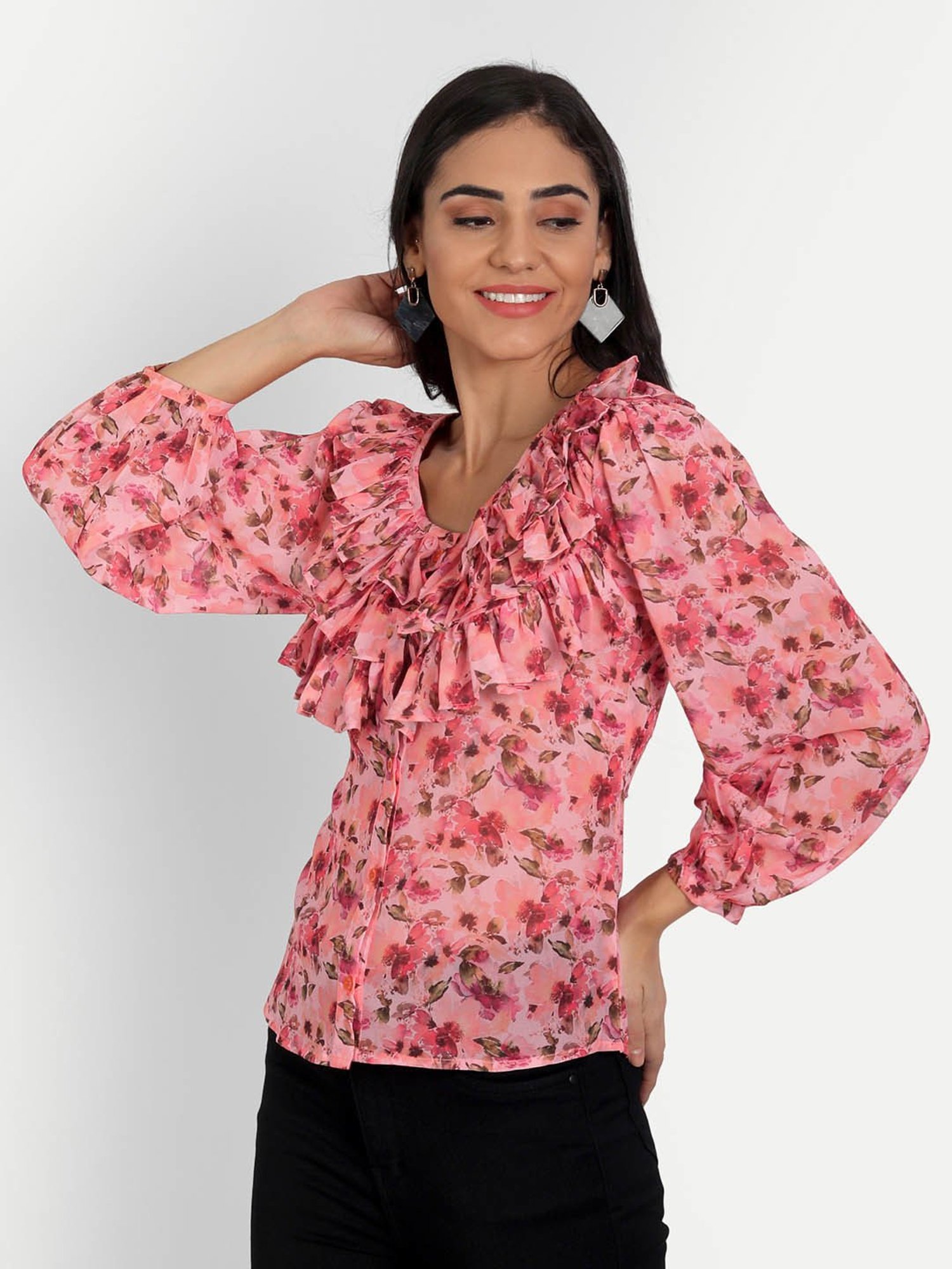 MASAKALI.CO Tomato Red Floral Print Top